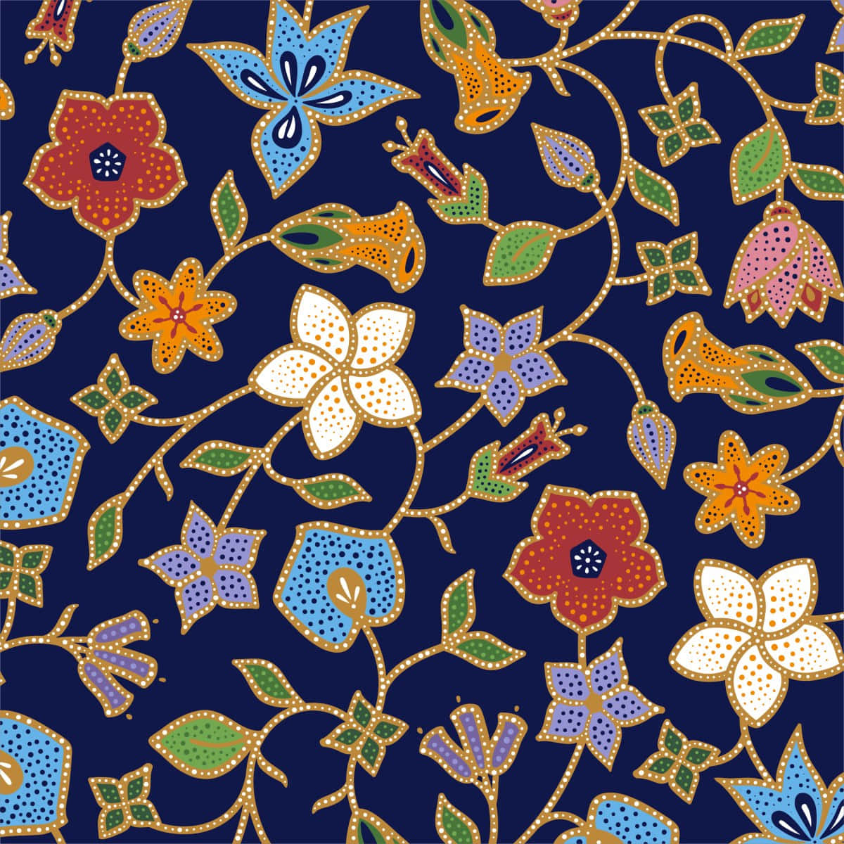 Batik 桌布 壁紙 — 充滿活力的風格化花朵和葉子，以金色、橙色、藍色和白色圓點圖案在深海軍藍背景上綻放。