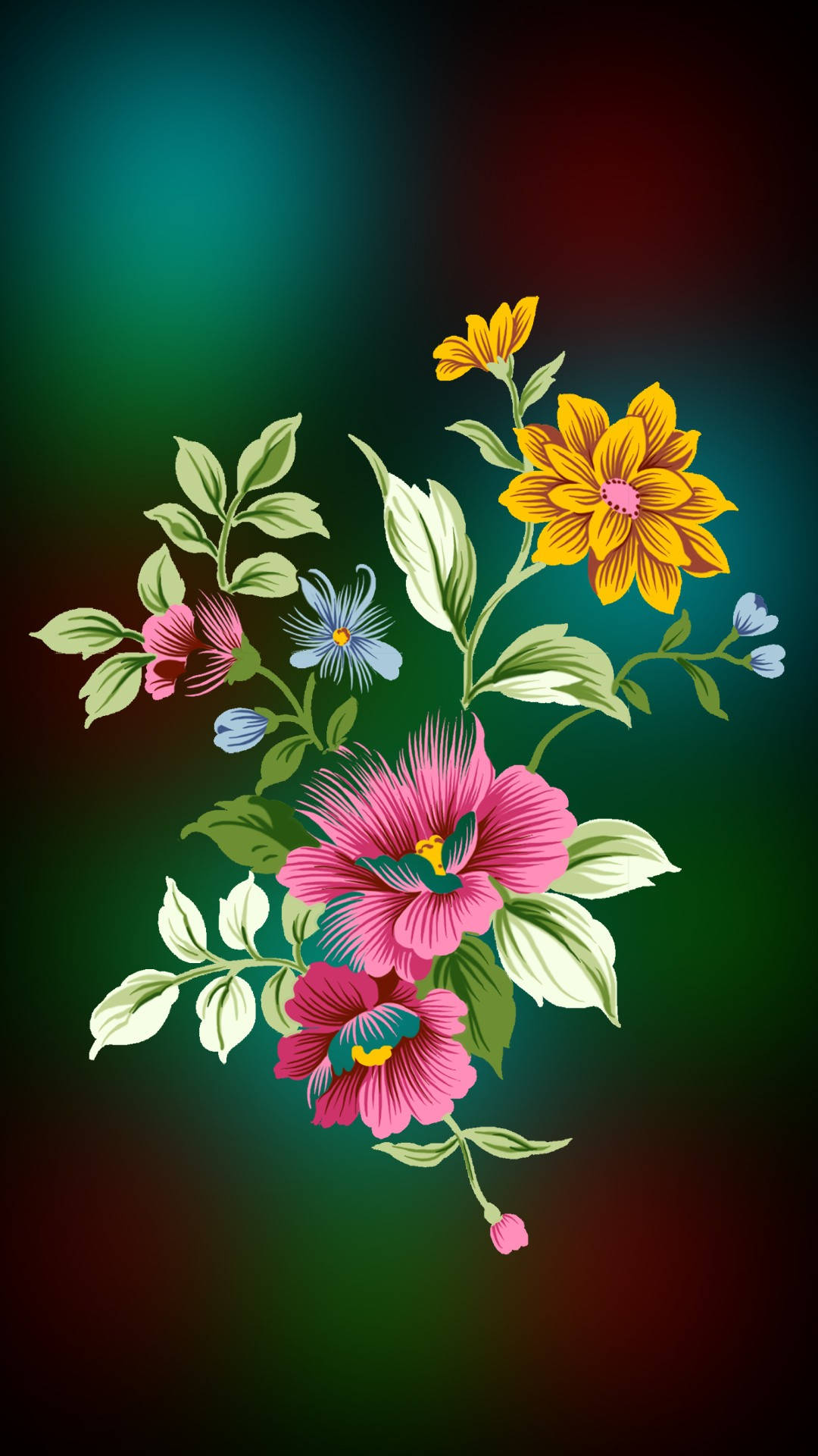 Samsung Galaxy S4 桌布 壁紙 — 充滿活力的風格化花束，帶有粉紅色、黃色和藍色的花朵，背景為漸變青綠色和紅色。