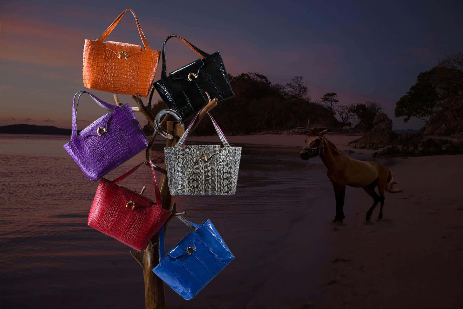 Beach Bag 桌布 壁紙 — 充滿活力的鱷魚紋理手袋掛在黃昏海灘的樹上，一匹孤獨的馬站在附近。