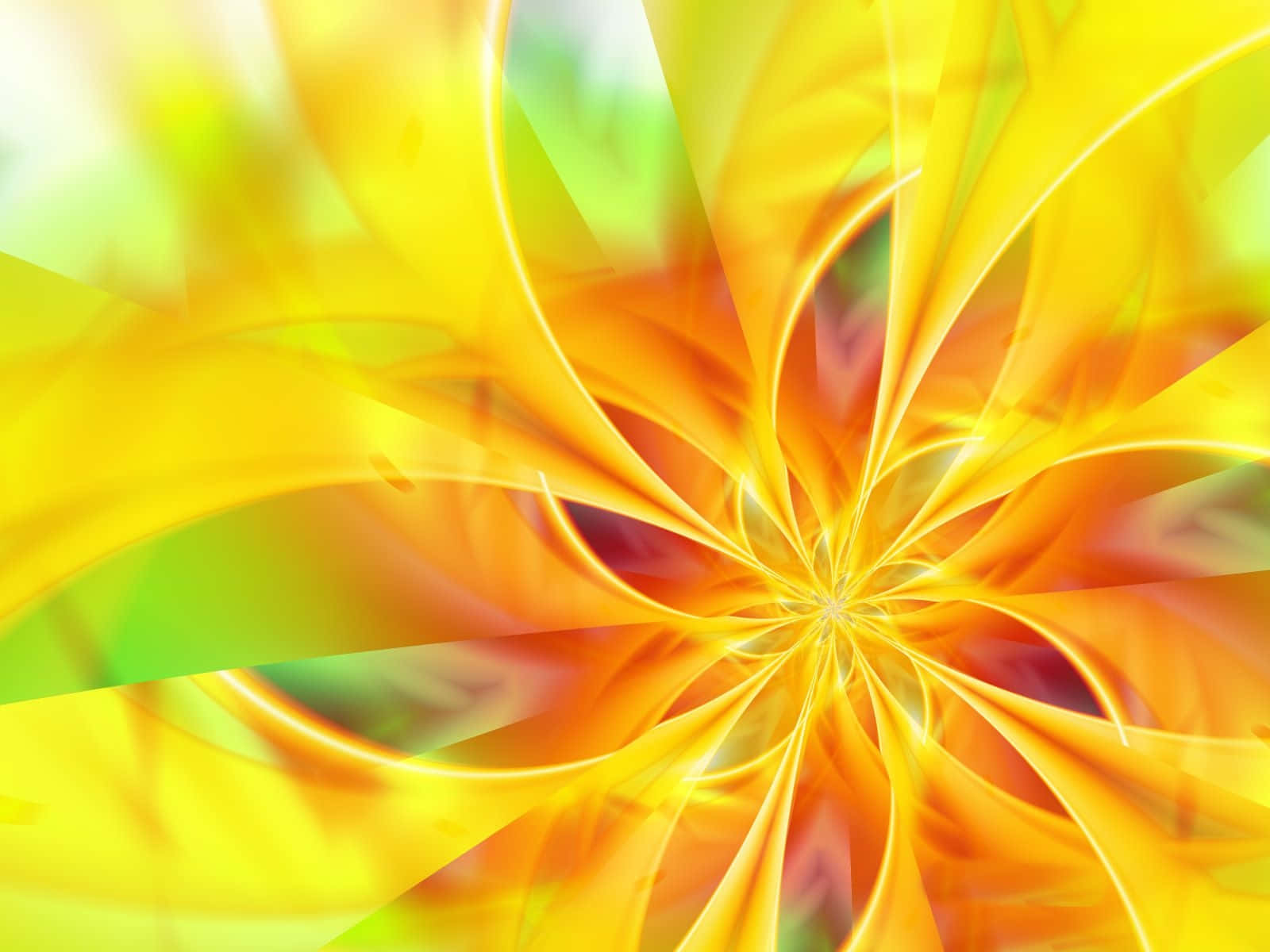 Yellow Abstract 桌布 壁紙 — 充滿活力的黃色、橙色和綠色抽象漩渦從發光的中心散發出來，構成動態的數位構圖。