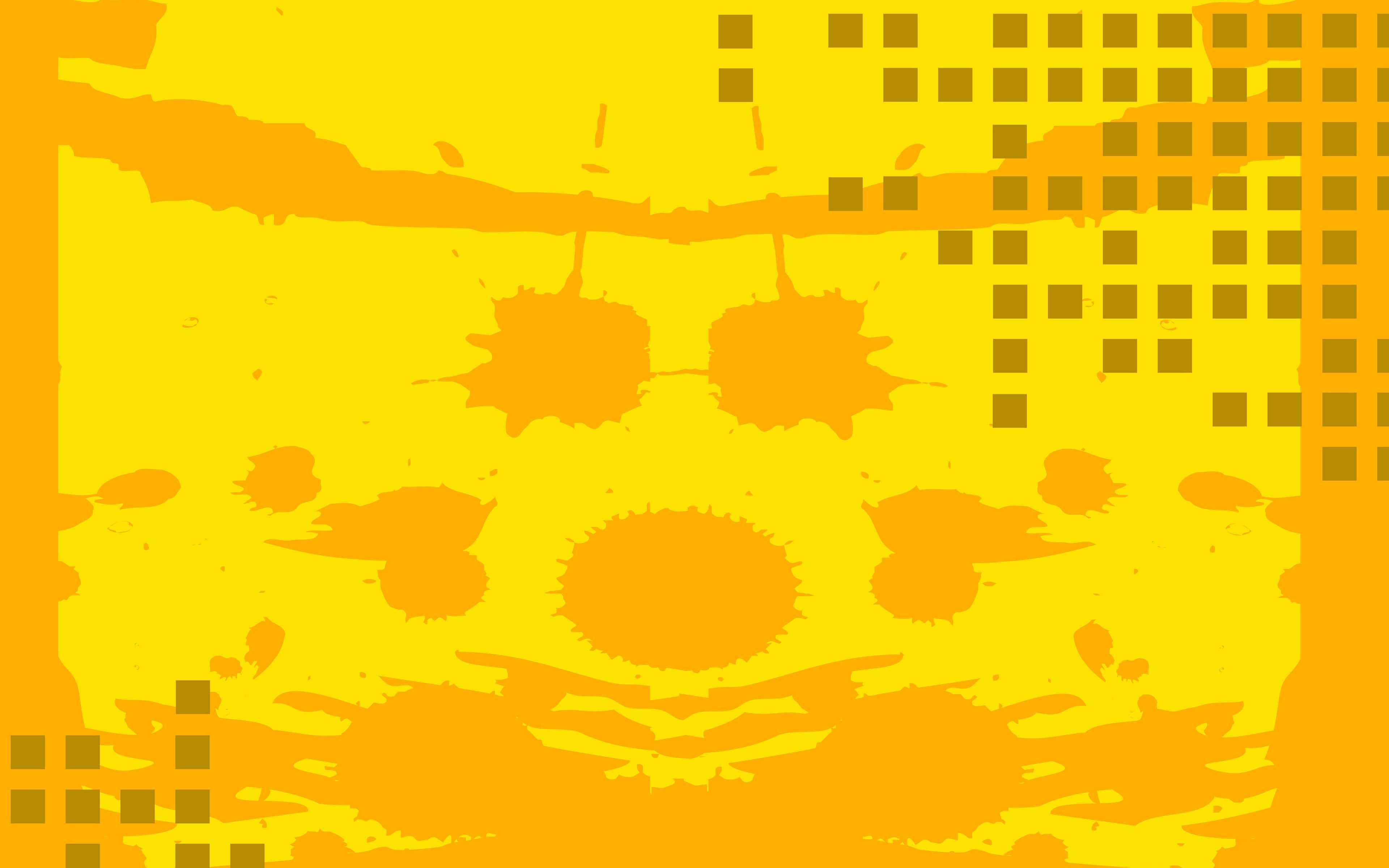 Yellow Pattern 桌布 壁紙 — 充滿活力的黃色和橙色抽象背景，帶有油漆飛濺和像素網格圖案。