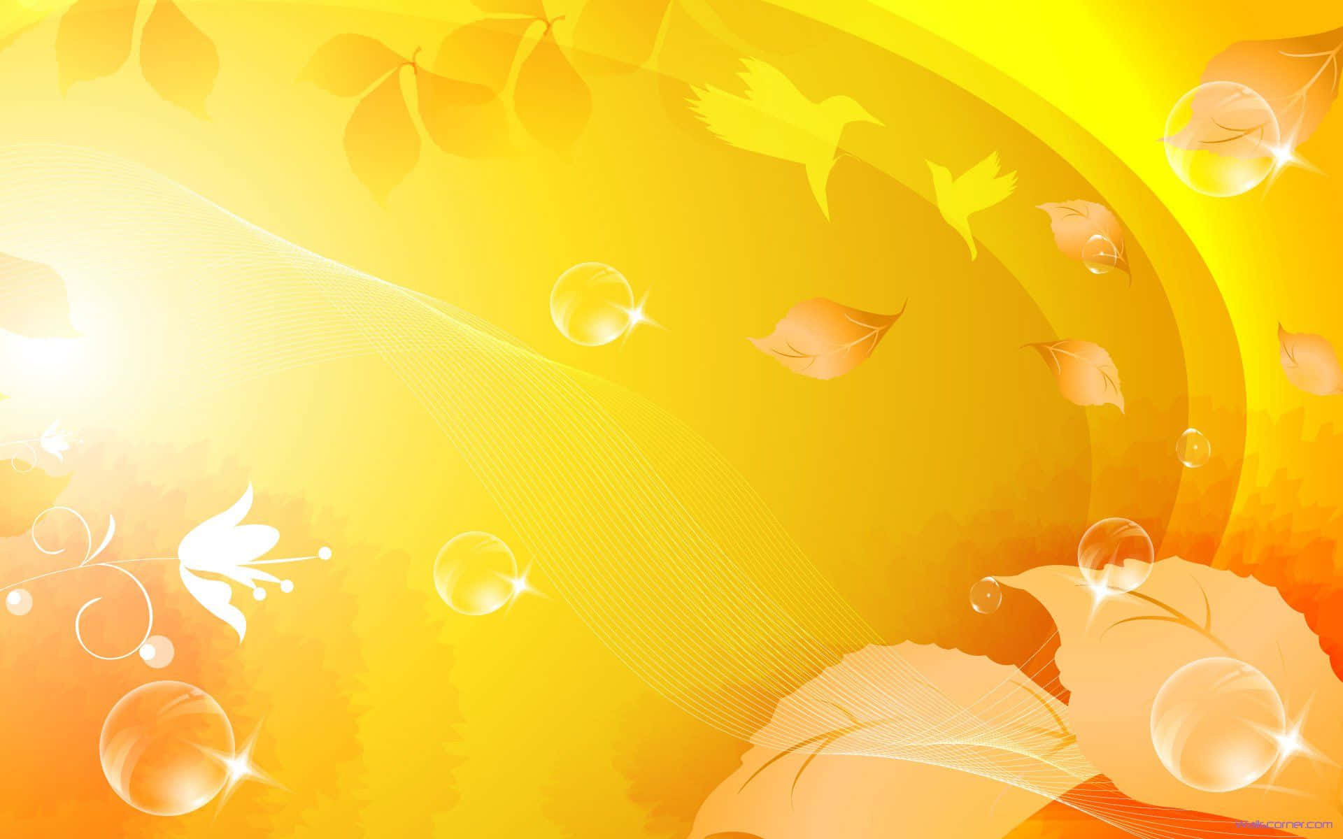 Yellow Abstract 桌布 壁紙 — 充滿活力的黃色和橙色漸變背景，漂浮的樹葉、鳥類和閃爍的氣泡，營造出溫暖發光的氛圍。