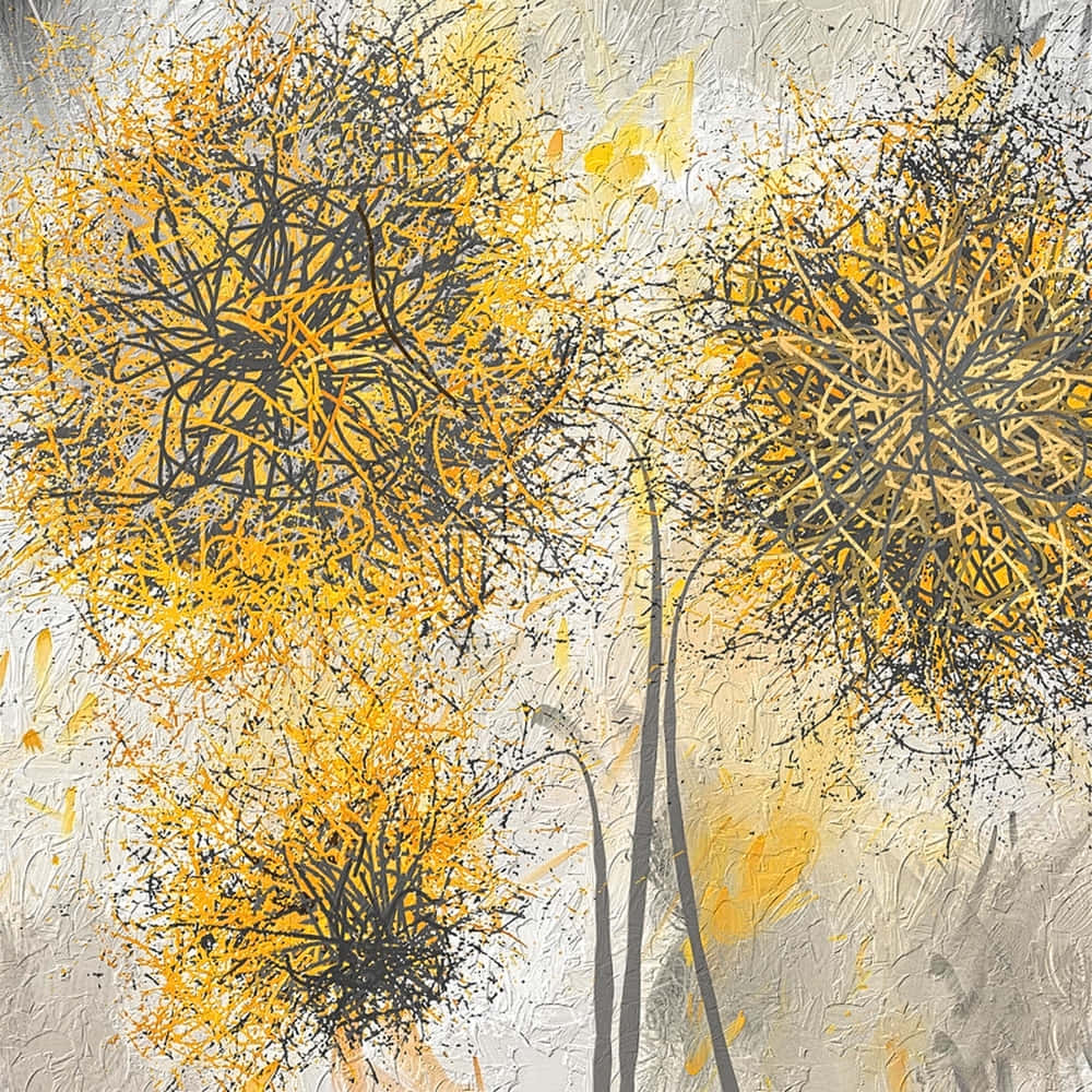 Yellow Art 桌布 壁紙 — 充滿活力的黃色和灰色抽象蒲公英狀形態，在帶紋理的銀色背景上以富有表現力的筆觸迸發。