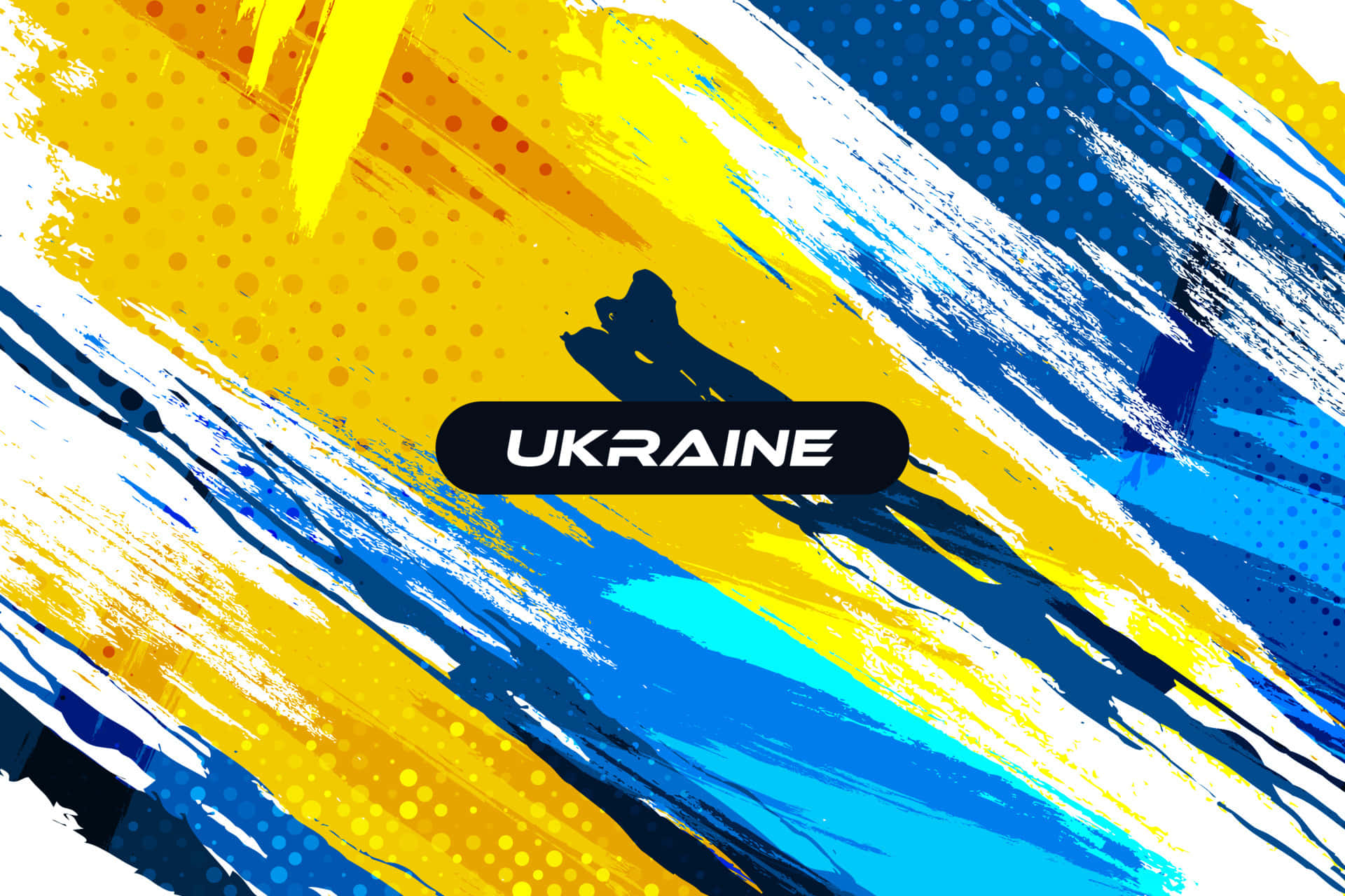 Ukraine 桌布 壁紙 — 充滿活力的黃色和藍色抽象筆觸，搭配大膽的白色點綴和點狀紋理，形成一幅受烏克蘭國旗啟發的動態數位藝術作品。