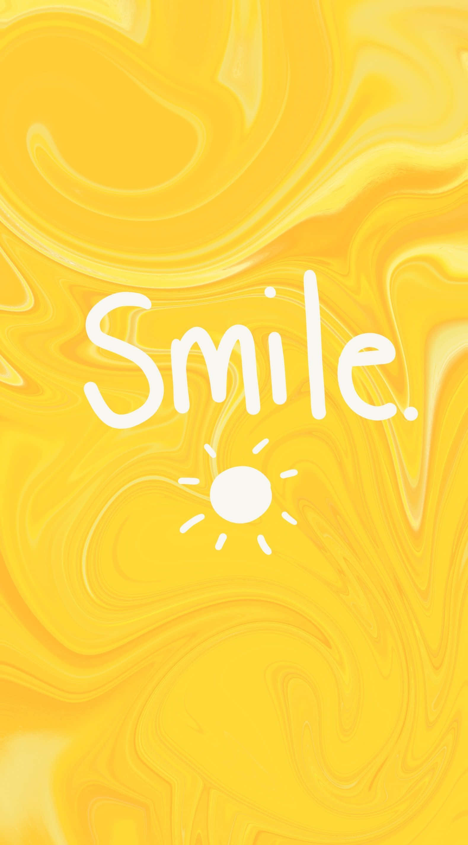 Brightening 桌布 壁紙 — 充滿活力的黃色大理石紋背景，帶有白色草書文字，寫著微笑和太陽圖標。