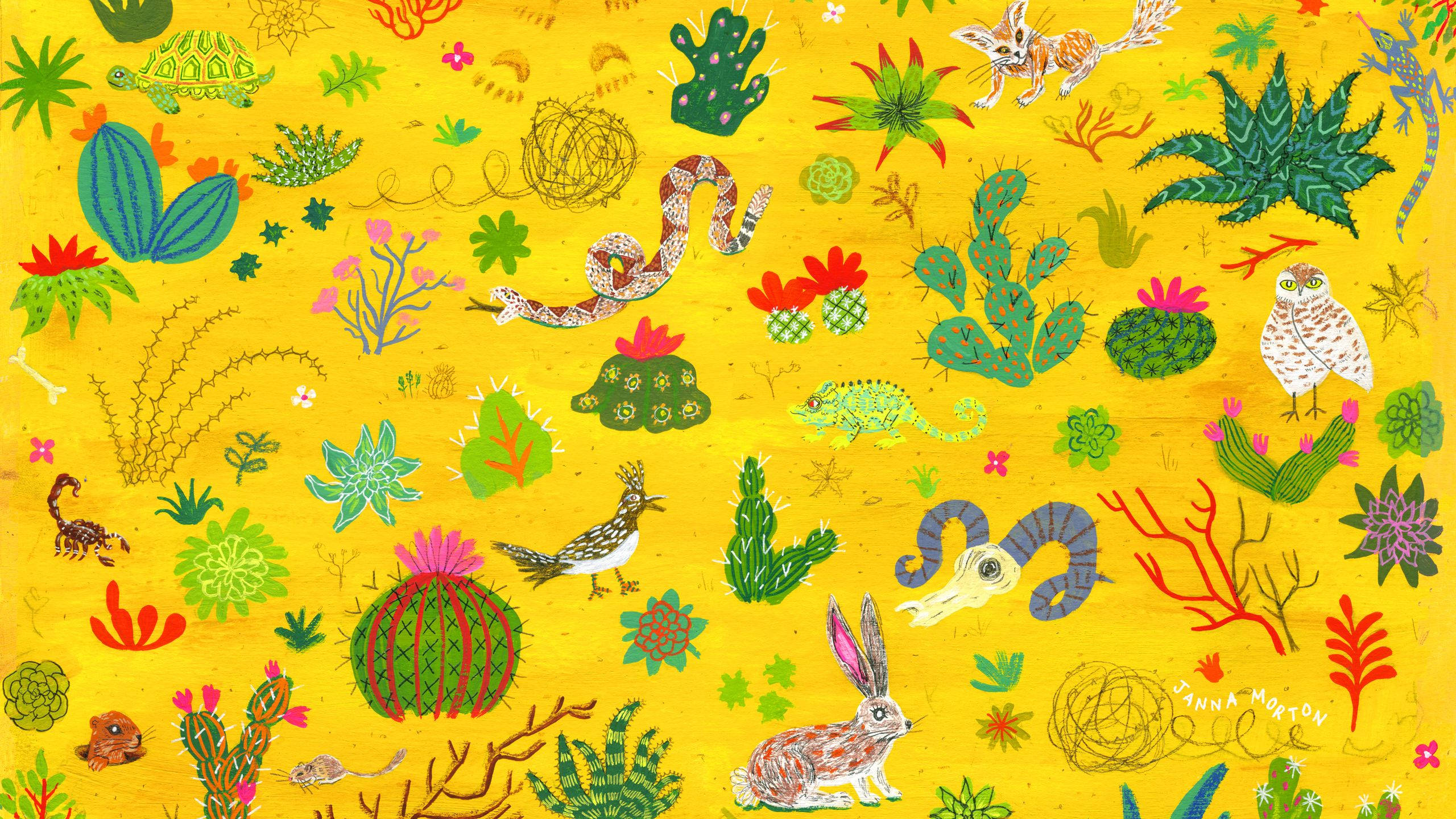 Desert 桌布 壁紙 — 充滿活力的黃色背景，上面有異想天開的插圖沙漠動物和仙人掌，採用大膽的綠色、紅色和紫色。