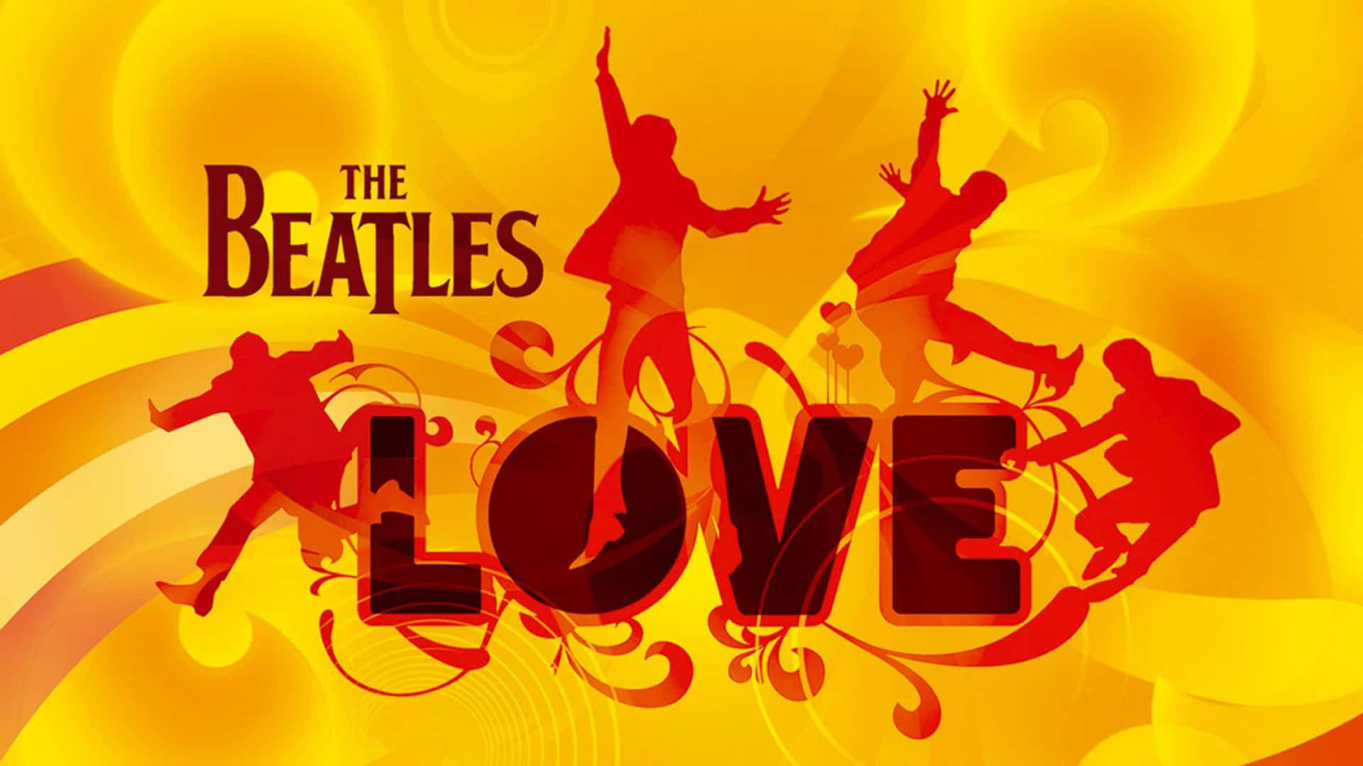 the beatles 桌布 壁紙 — 充滿活力的黃色背景，帶有圍繞 LOVE 字樣和披頭四標誌的跳舞人物紅色剪影。