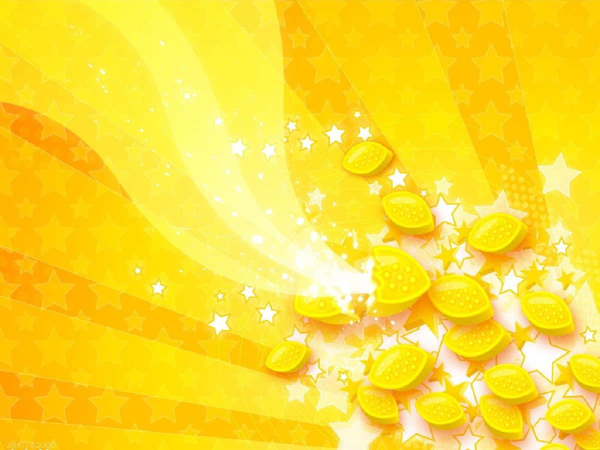 Cute Yellow 桌布 壁紙 — 充滿活力的黃色背景，帶有發光的星星和散落的檸檬形糖果，營造出歡快的抽象設計。