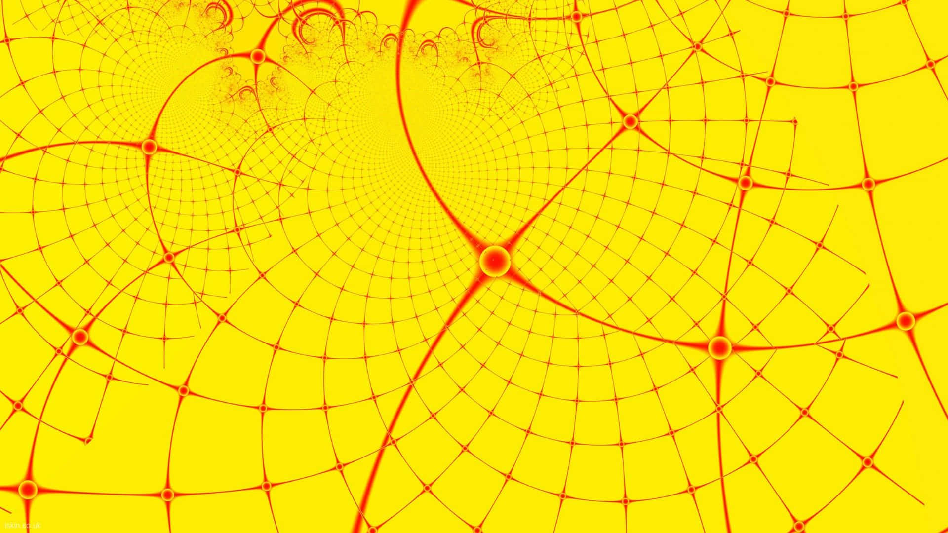 Yellow Geometric 桌布 壁紙 — 充滿活力的黃色背景，帶有複雜的紅色分形圖案，形成螺旋幾何設計。