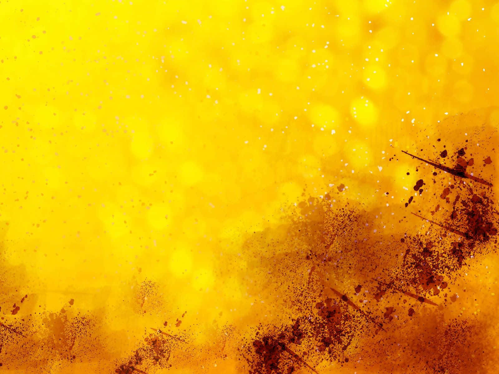 Yellow Painting 桌布 壁紙 — 充滿活力的黃色背景，搭配散景燈光和深棕色潑濺，營造出動態的抽象紋理。