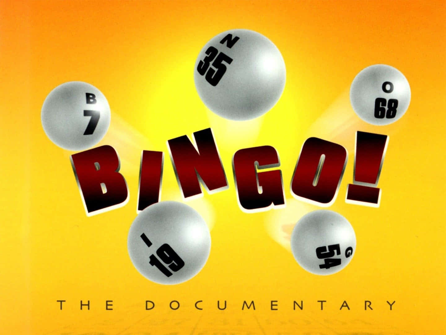 Bingo 桌布 壁紙 — 充滿活力的黃色背景，漂浮的銀色賓果球和粗體紅色3D文字拼出BINGO！