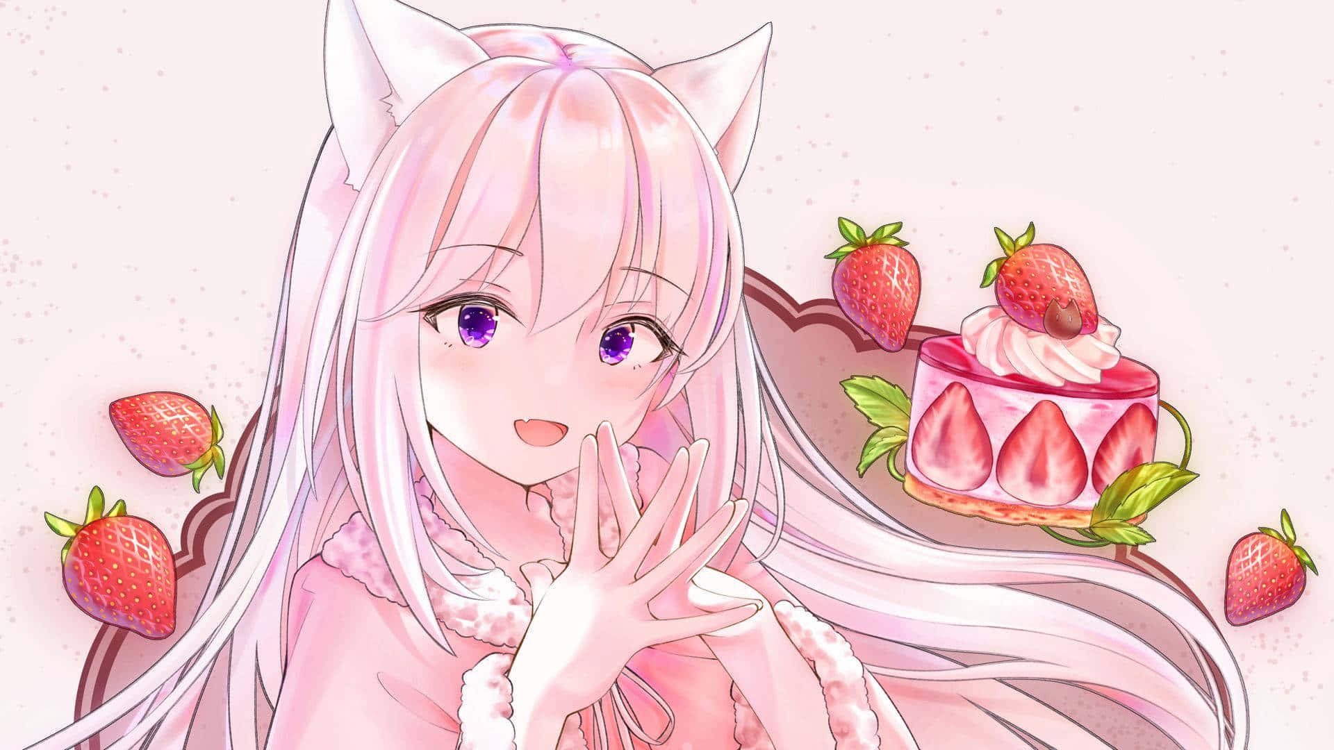 充滿活力粉紅與魔法動漫的奇幻世界 壁紙 — 一位開心的動漫女孩，粉紅色頭髮和貓耳朵，在草莓蛋糕和散落的草莓旁邊微笑。