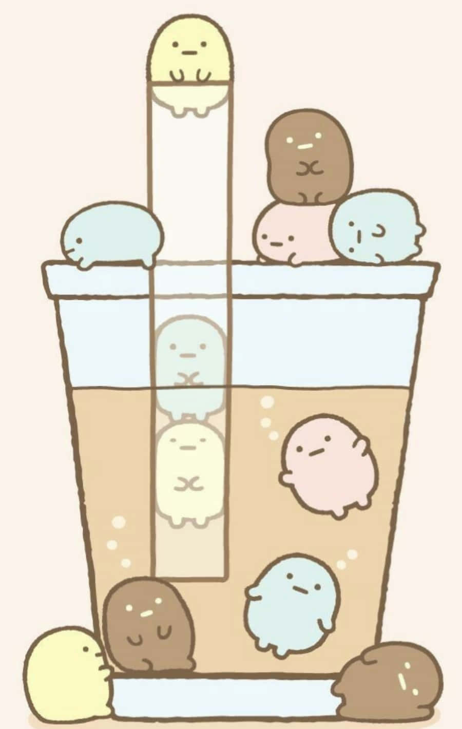 充滿生命力與可愛角色的可愛插畫 壁紙 — 可愛的粉彩 Sumikko Gurashi 角色從巨型珍珠奶茶杯內部和周圍探出頭來。