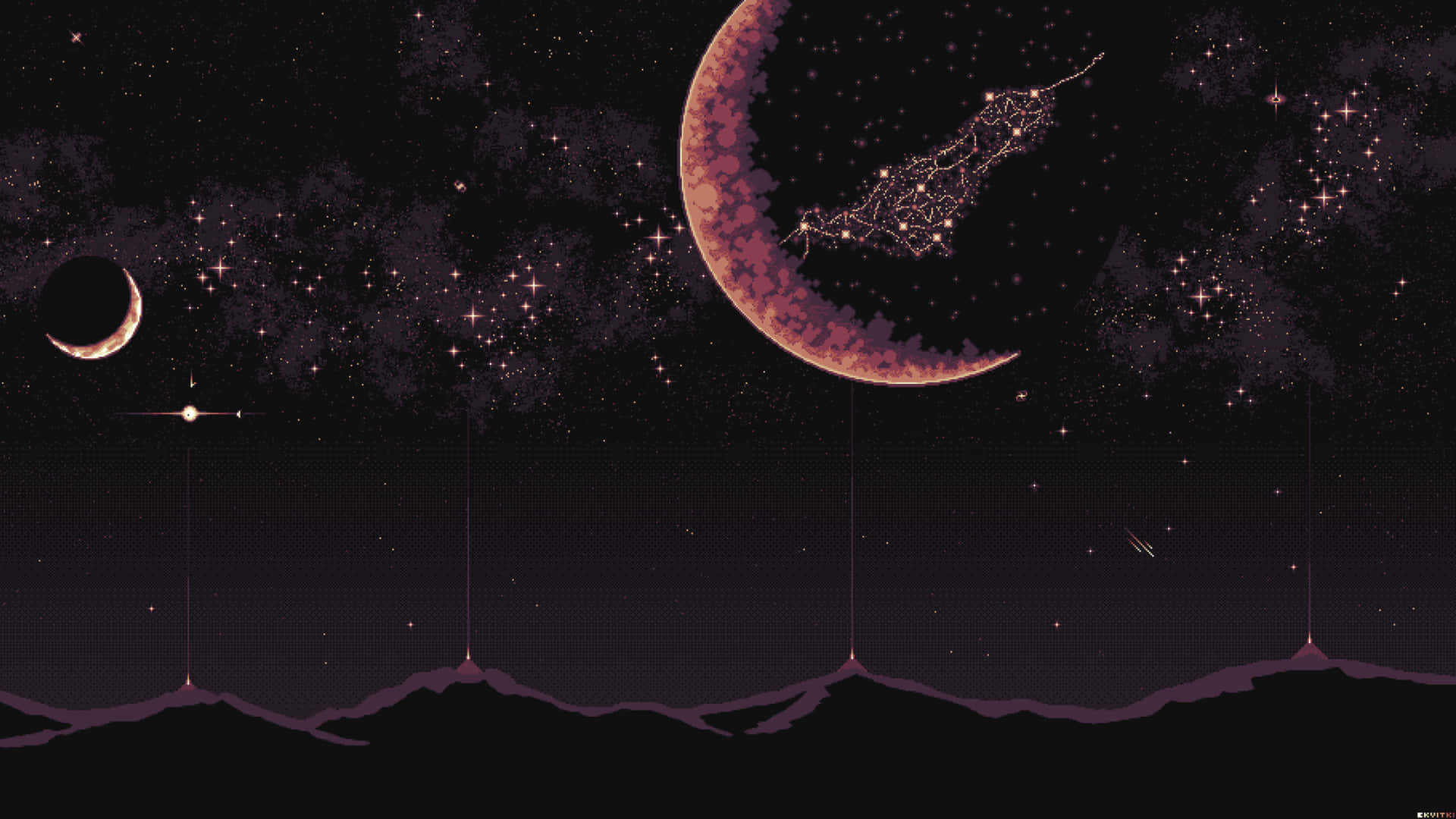 兩個新月和一個發光的星座，位於紫色山脈之上的夜空。