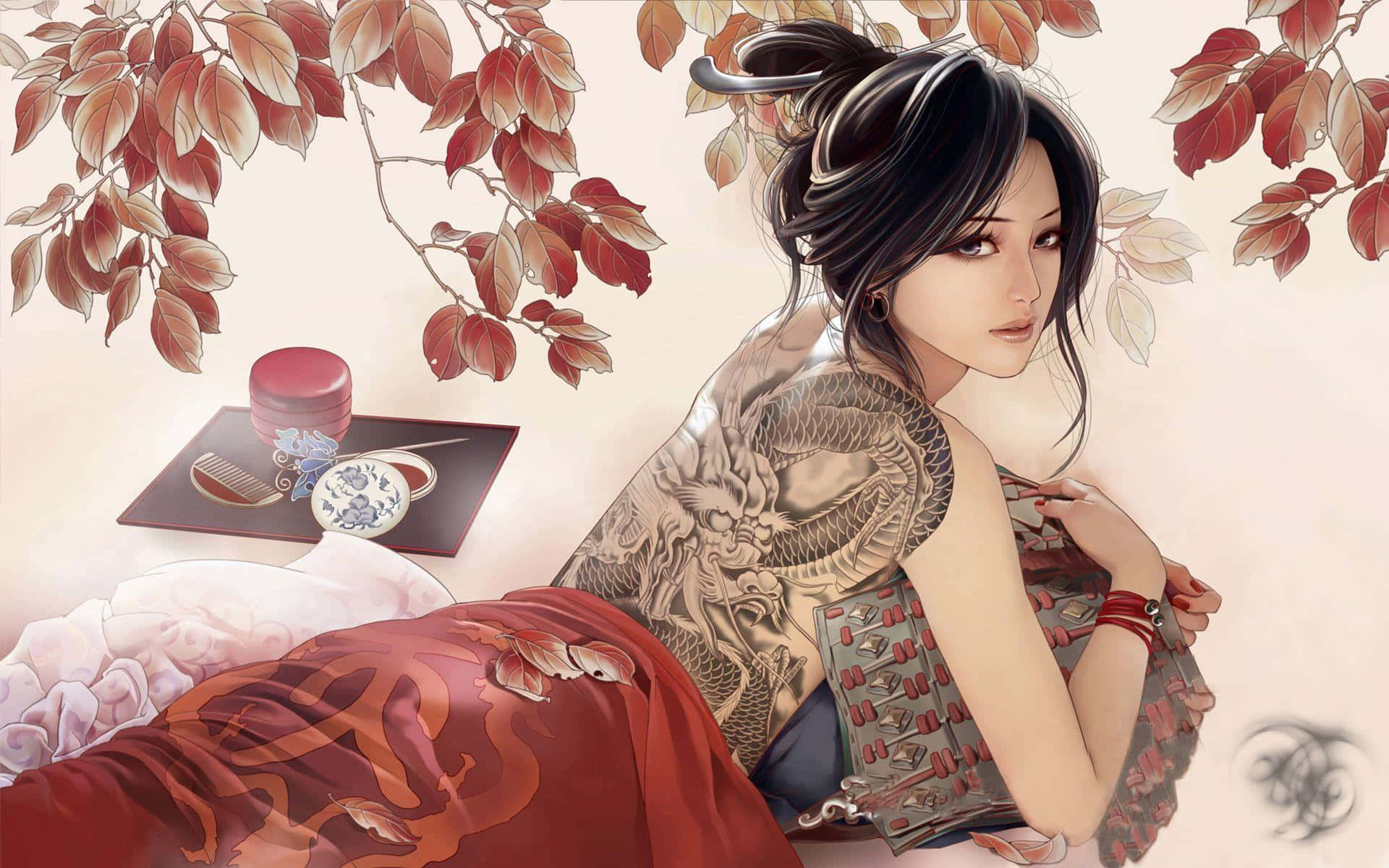 動漫女性有龍紋身，在秋葉下，附近有傳統物品。
