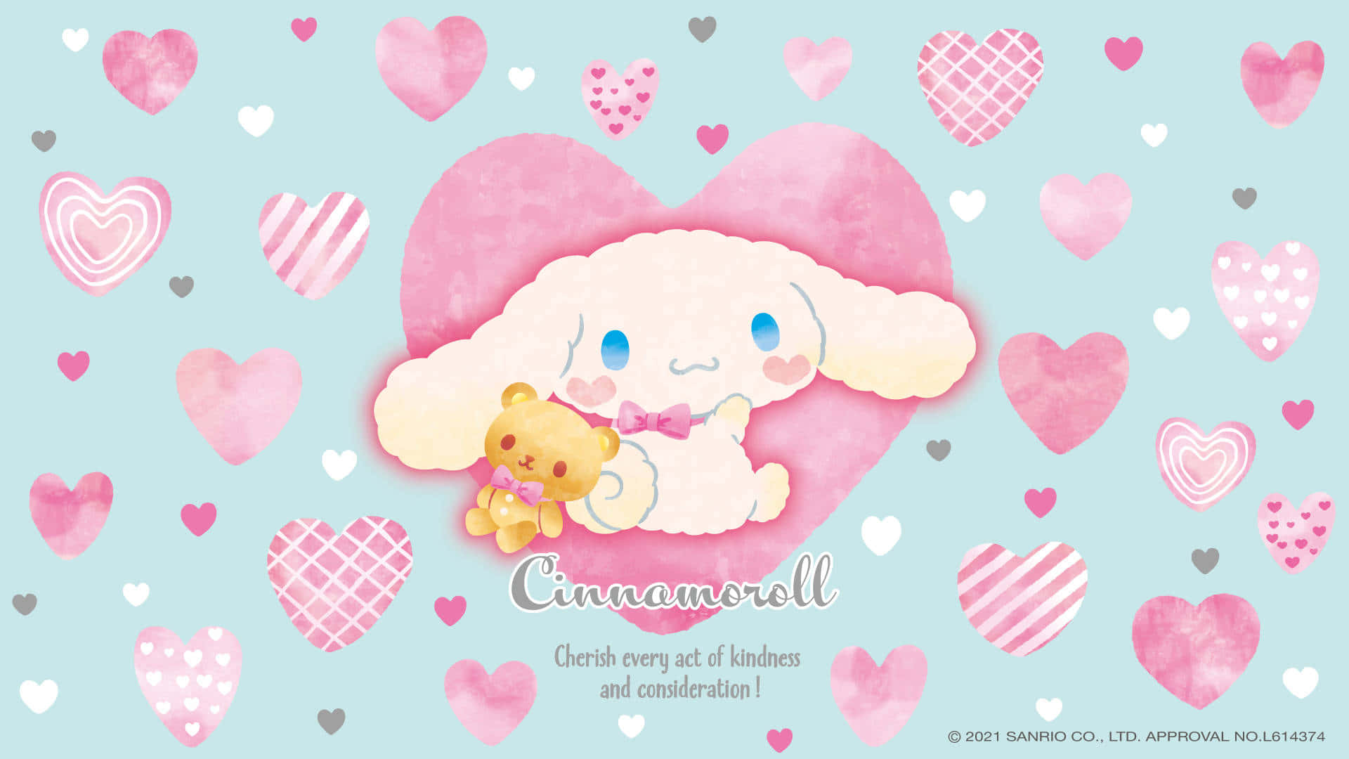 Cinnamoroll 攬住泰迪熊，被心形包圍