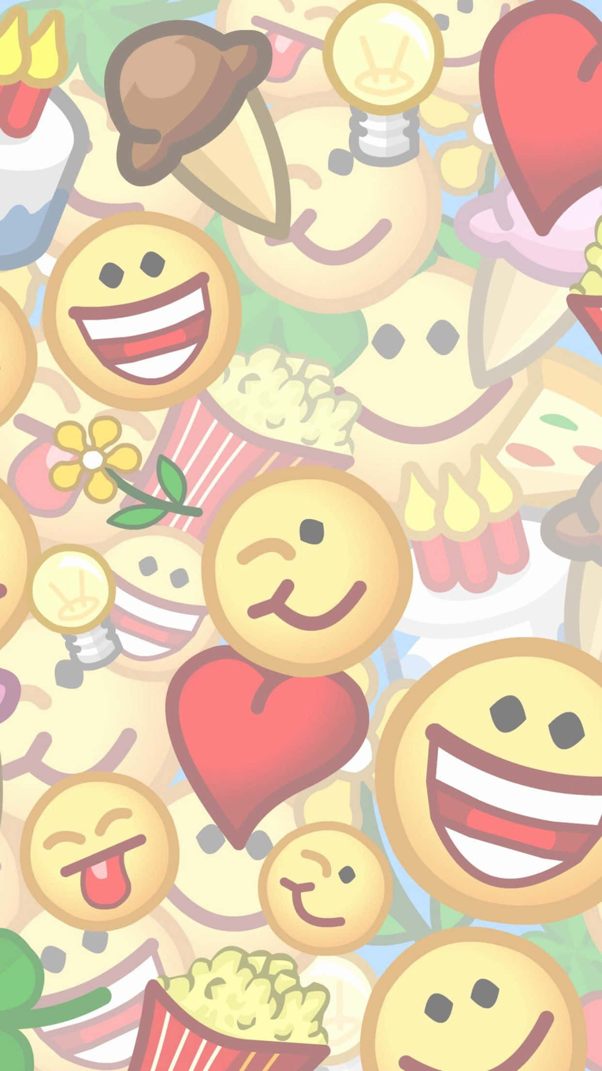 Animojis 桌布 壁紙 — 充滿笑臉表情符號、心形、爆谷和燈泡的愉快牆紙，採用柔和粉彩色調。