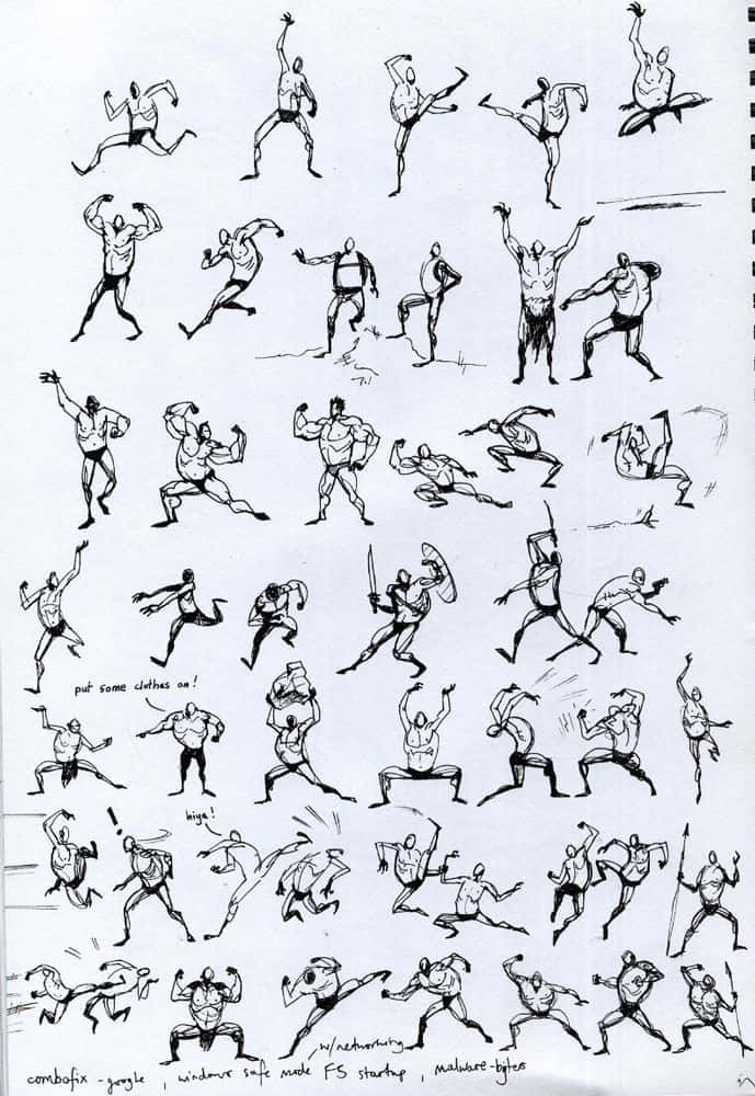 Game Animation 桌布 壁紙 — 充滿肌肉男性角色戰鬥和動作姿勢的動態黑白素描紙