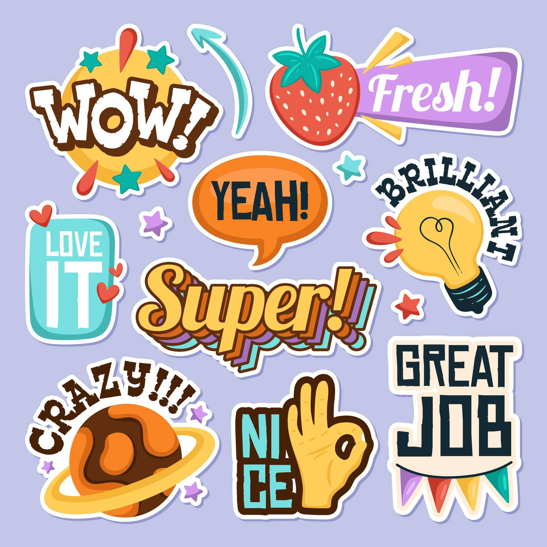 一系列色彩繽紛的勵志貼紙，帶有 Wow 和 Great Job 等短語。
