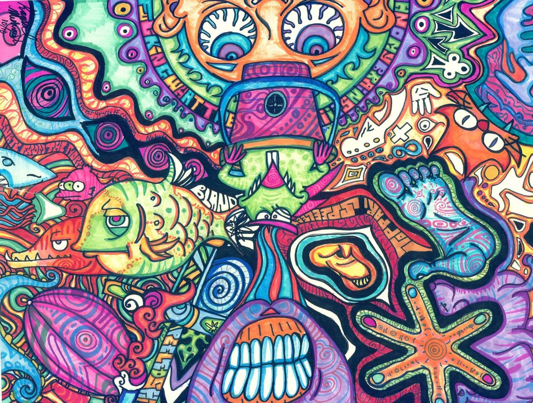 Trippy Animals 桌布 壁紙 — 充滿超現實生物和漩渦圖案的鮮豔迷幻插圖，色彩帶電。