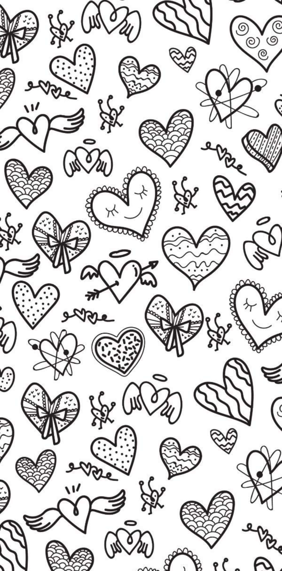 Heart Doodle 桌布 壁紙 — 充滿趣味嘅黑白牆紙，上面畫滿咗帶有翅膀、光環同各種圖案嘅塗鴉心形。