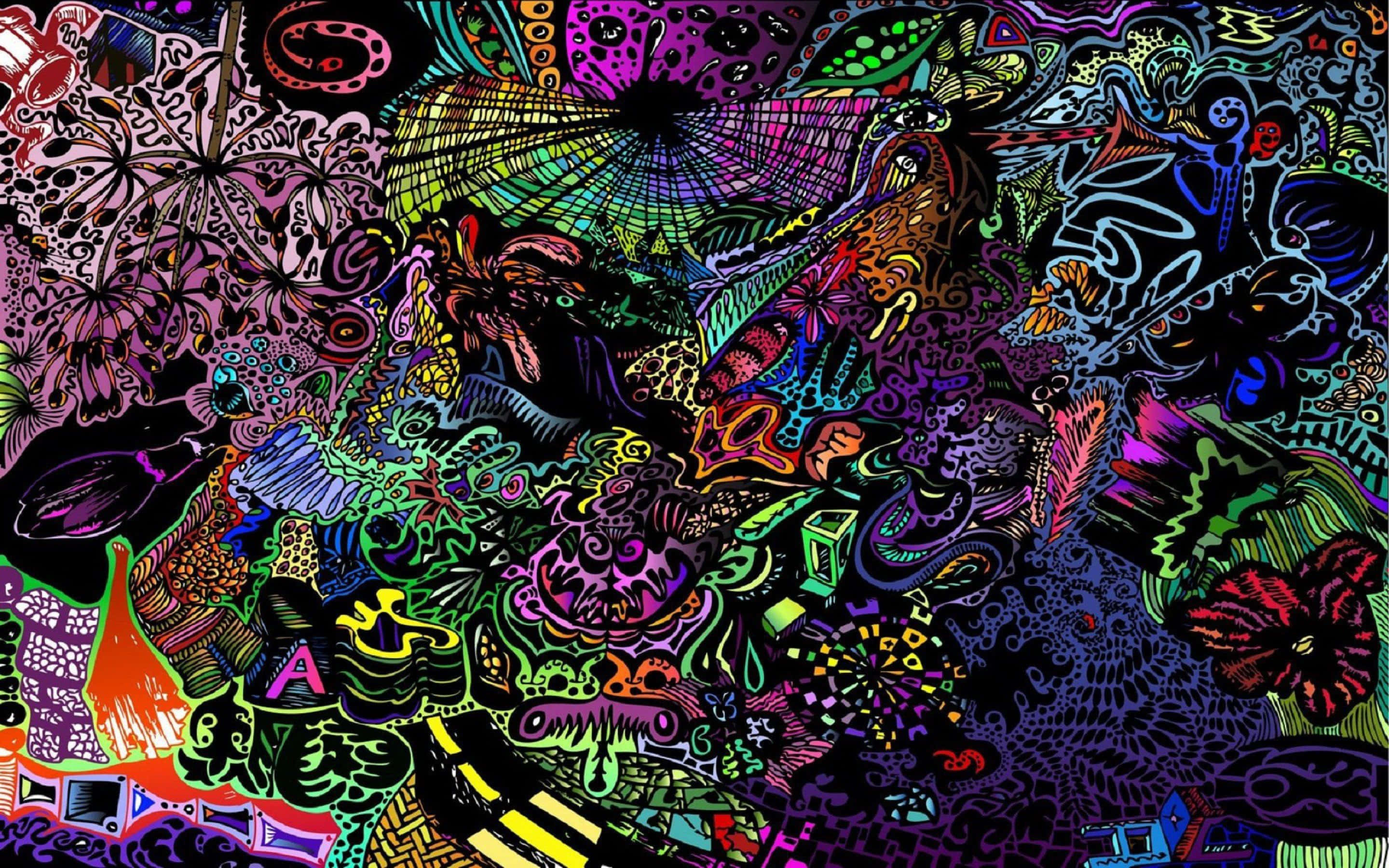 Psychedelic Nature 桌布 壁紙 — 充滿霓虹色彩的迷幻數碼藝術作品，細節圖案與超現實有機形態交織。