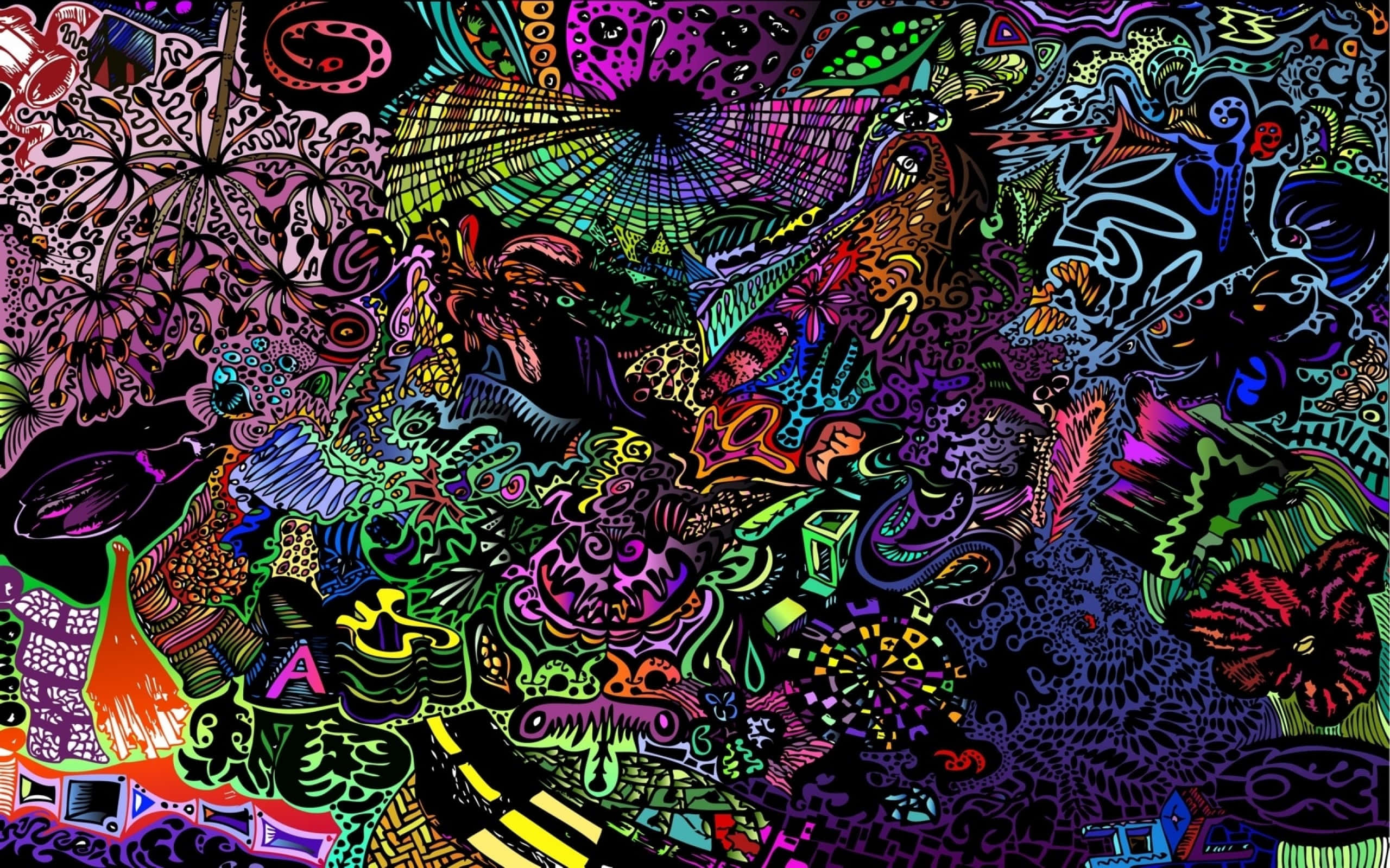 Psychedelic 3d Art 桌布 壁紙 — 充滿霓虹色調複雜圖案和超現實有機形態的鮮豔迷幻藝術作品。
