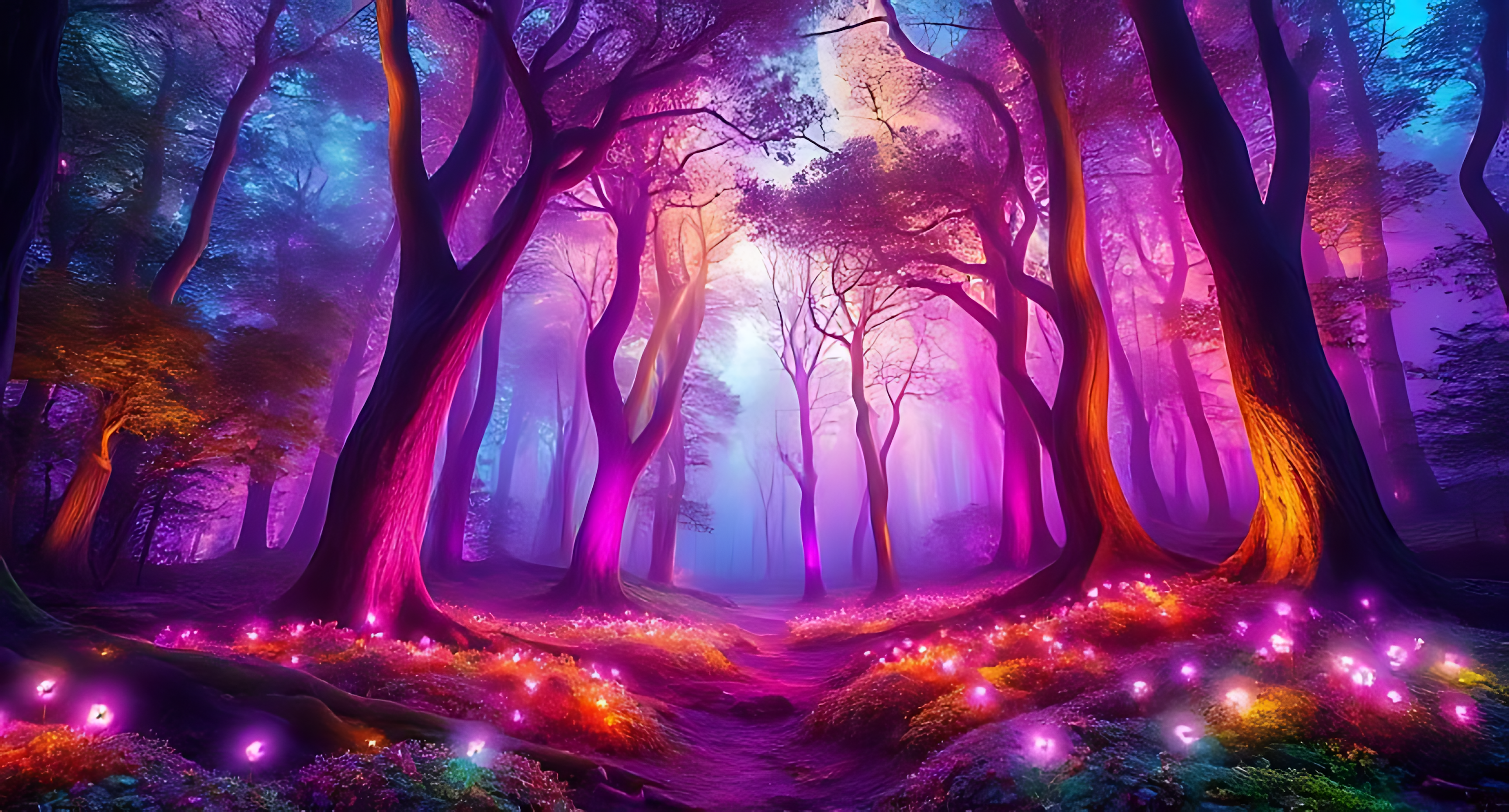 充滿魔法的森林 壁紙 — 一個神秘的森林沐浴在發光的紫色和藍色光中，生物發光的花朵照亮了蜿蜒的小路。
