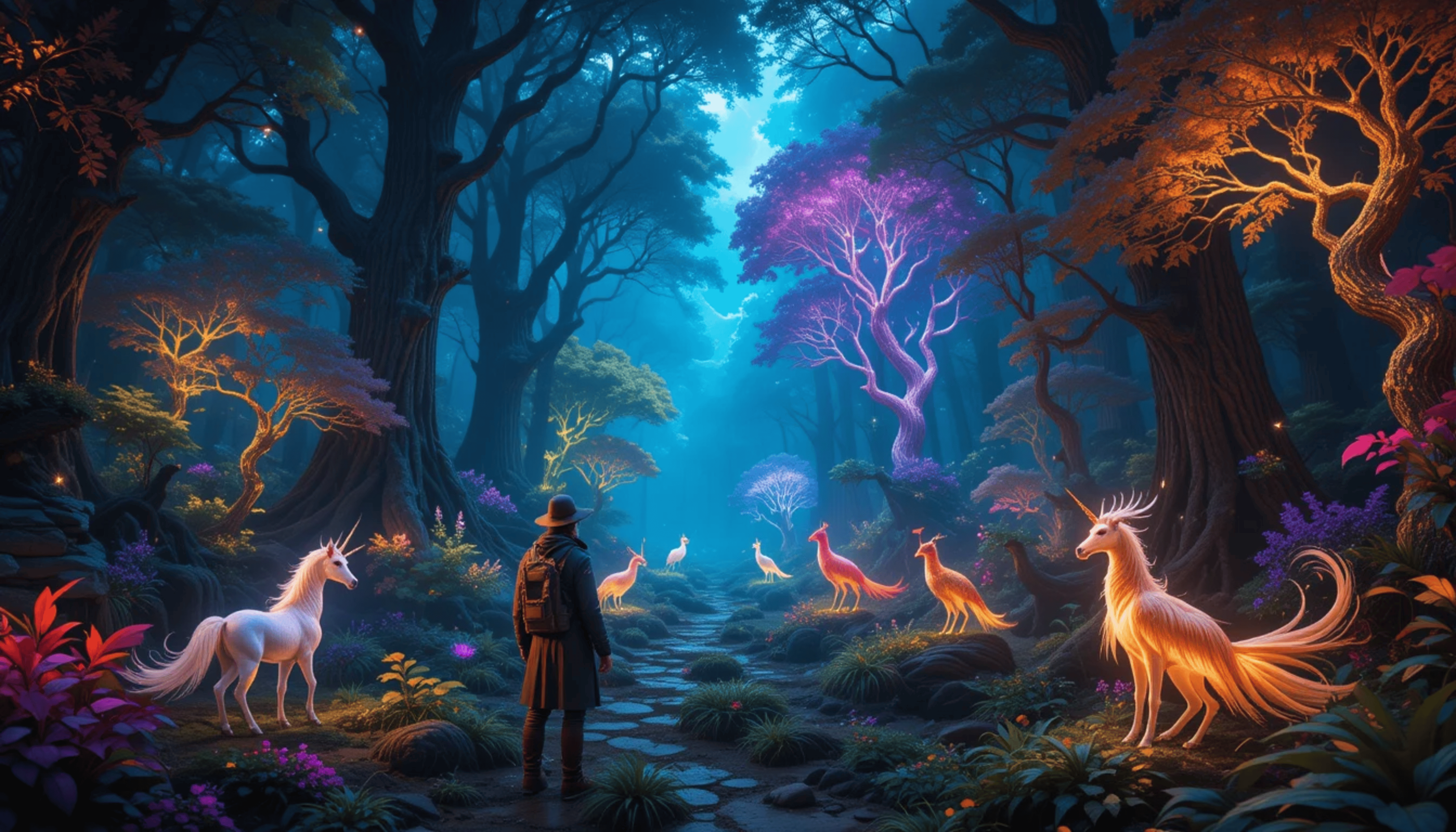 充滿魔法的森林小徑與獨角獸及神話生物 壁紙 — 一位孤獨的探險家走在神秘森林小徑上，兩旁是發光的獨角獸和魔法樹木，天空暮色蒼茫。