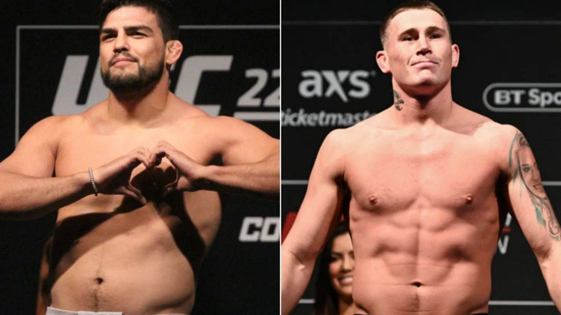 兩名赤裸上身的男性MMA拳手在稱重時，一人做出心形手勢，另一人自信站立。