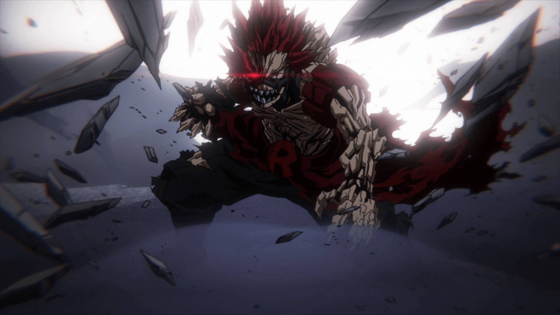 兇猛的 Eijiro Kirishima 壁紙 — 一個擁有紅色尖刺頭髮和發光眼睛的怪物動漫角色，在動態動作場景中衝破碎玻璃。