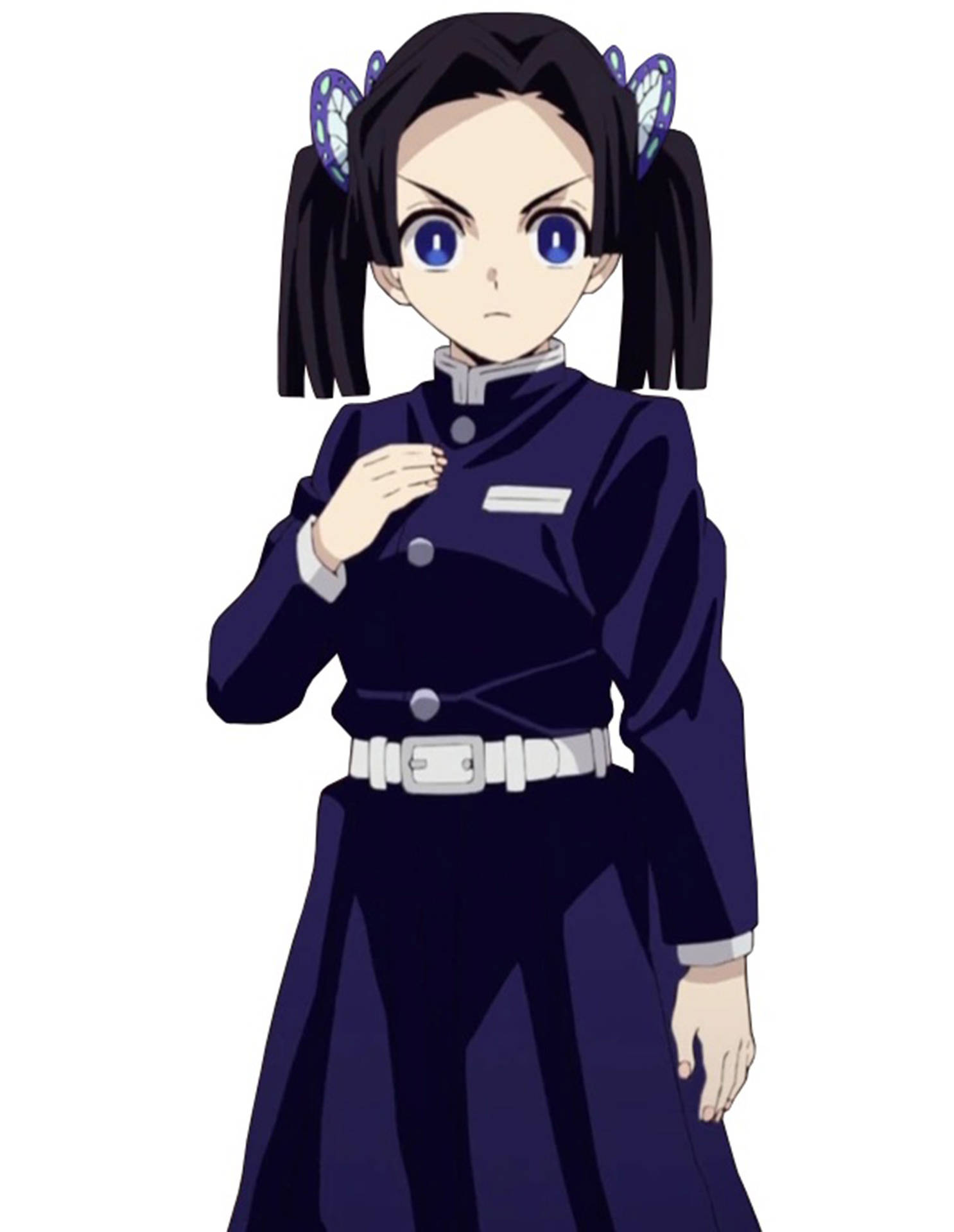 穿著深色制服、帶有蝴蝶髮夾和藍色眼睛的動漫女孩。