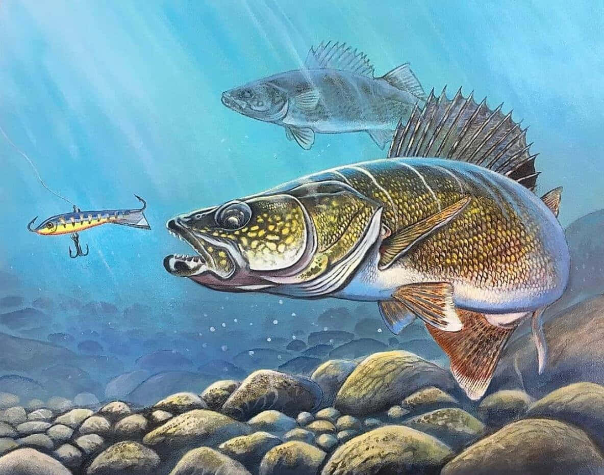 兇猛迷人的鱒魚 壁紙 — 一條大型斑點鱸魚喺岩石河床附近嘅水下撲向魚餌，另一條魚喺上面游緊。