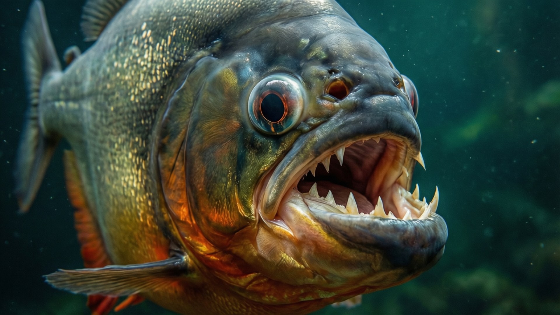 兇猛食人魚特寫 壁紙 — 食人魚特寫，擁有鋒利牙齒和發光眼睛，在渾濁的綠色水中游泳。