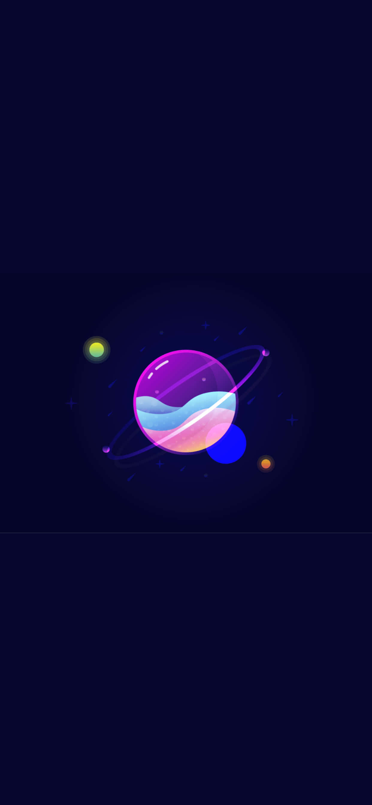 先進 iPhone Xs Max 上精緻 OLED 顯示屏 壁紙 — 一顆發光的紫色行星，帶有旋轉的藍色和粉紅色雲朵，環繞著一個有微小恆星和遙遠天體的黑暗虛空運行。