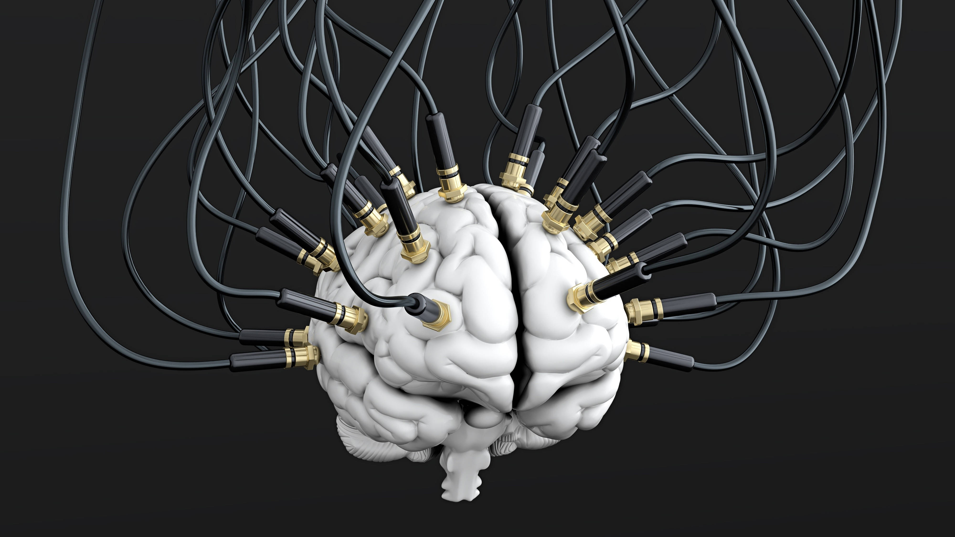 先進3D大腦插圖 壁紙 — 一個詳細的3D渲染，顯示人類大腦通過大量帶有金色連接器的黑色電纜連接到深色背景上。