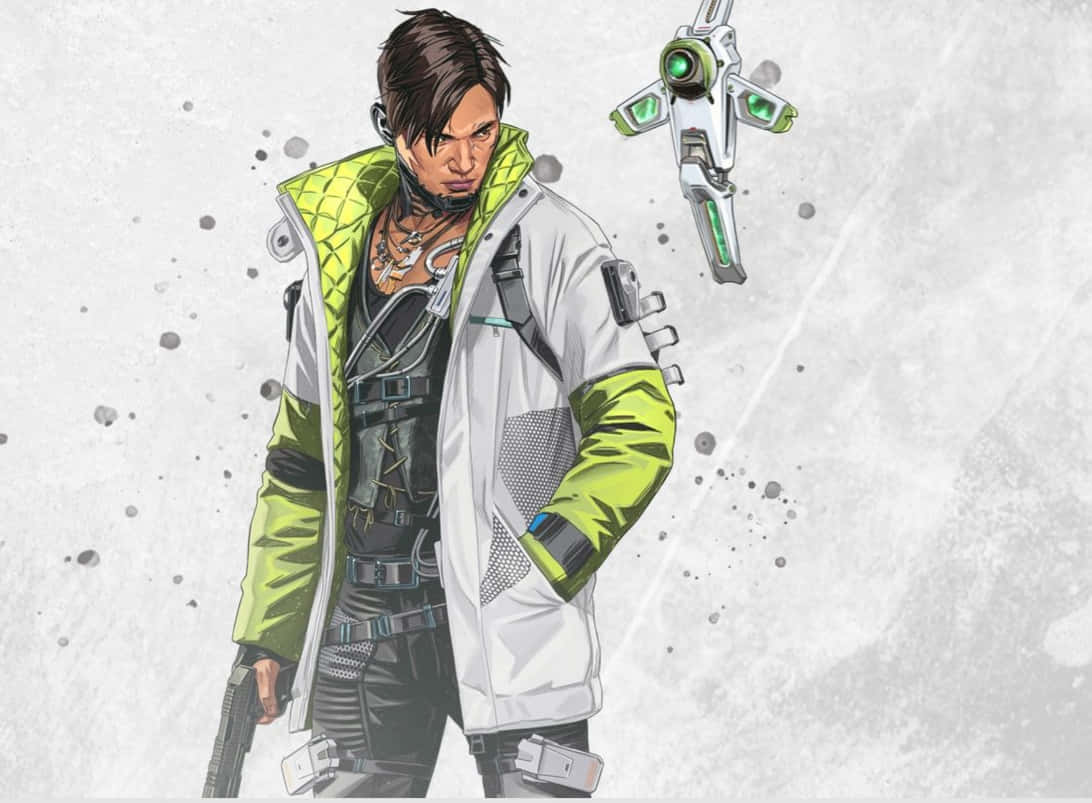 動漫男性玩家穿著未來裝備，手持槍支，旁邊有懸浮的科技武器。
