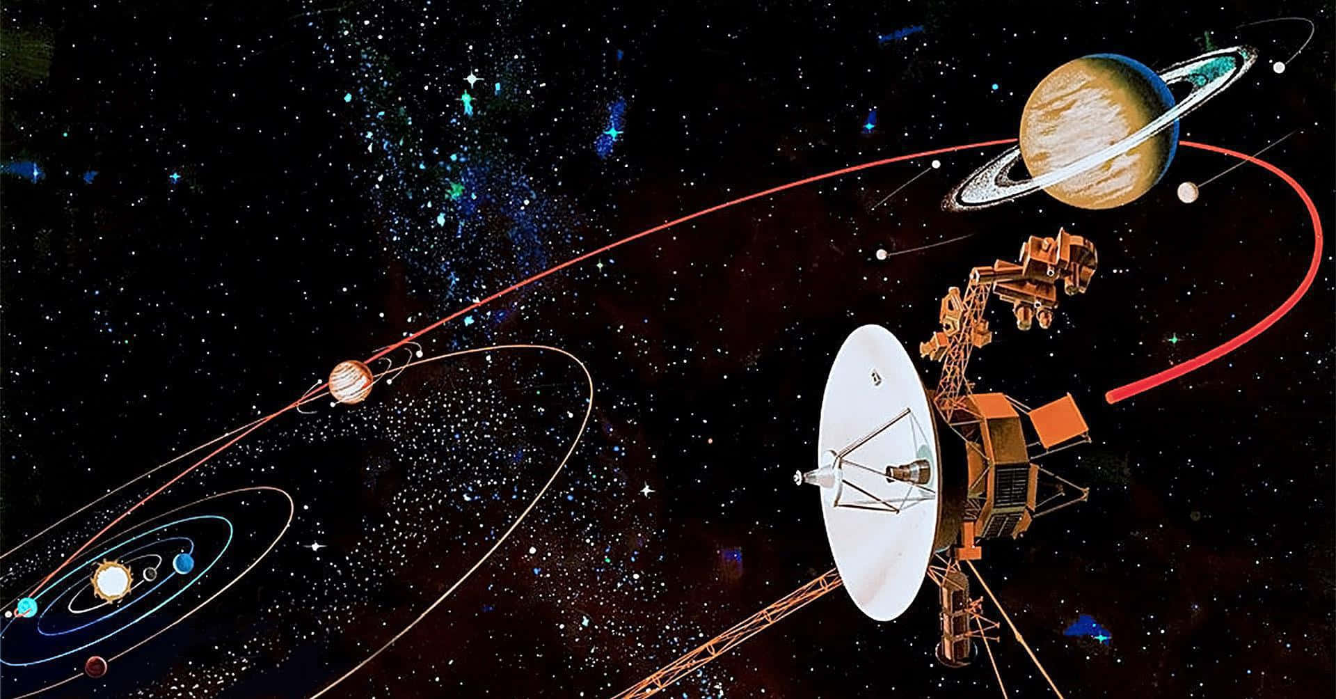 太空船在充滿行星和星場的充滿活力的宇宙場景中航行。