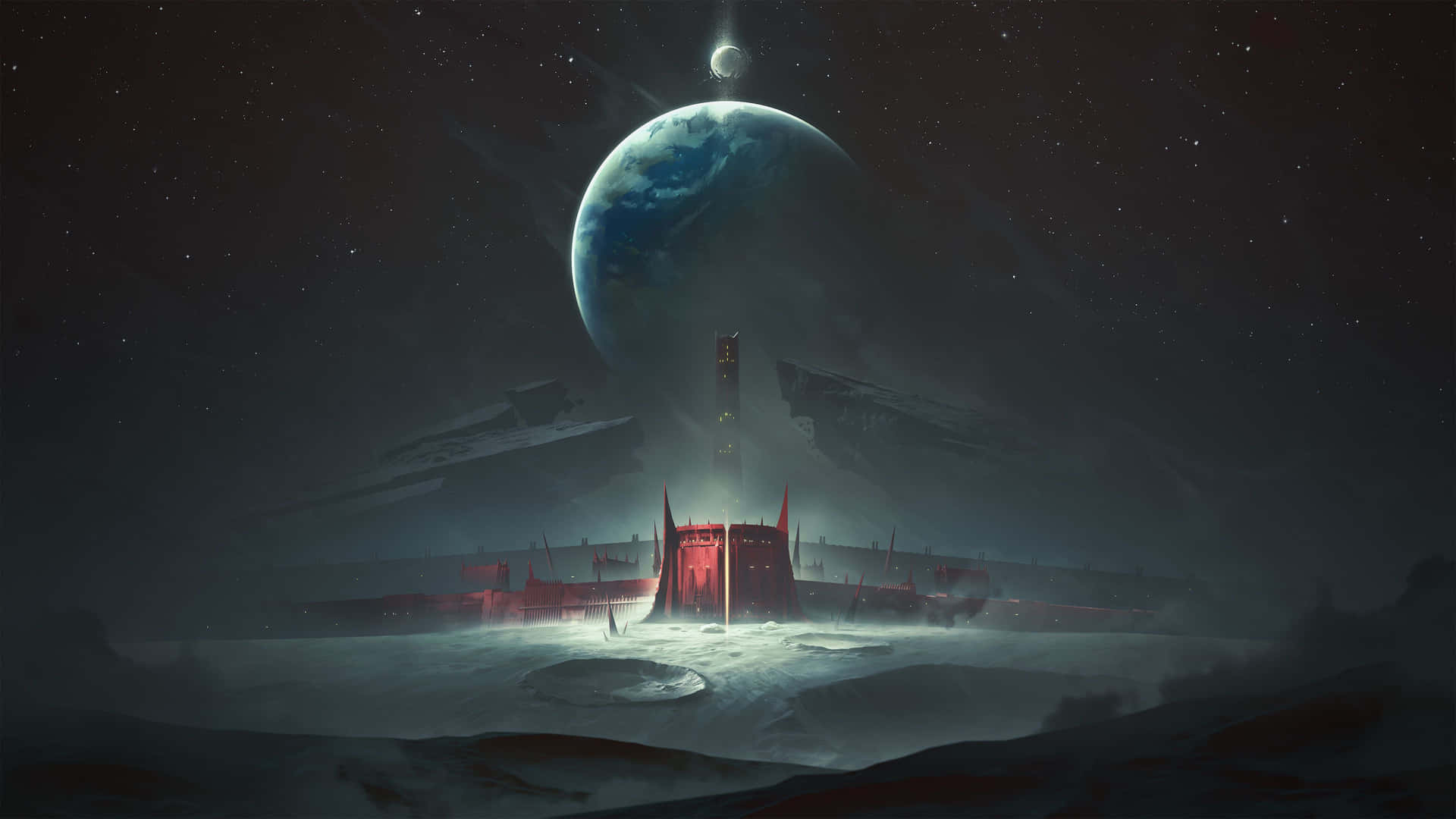 雪星球上的紅色外星結構，地球和月亮之下