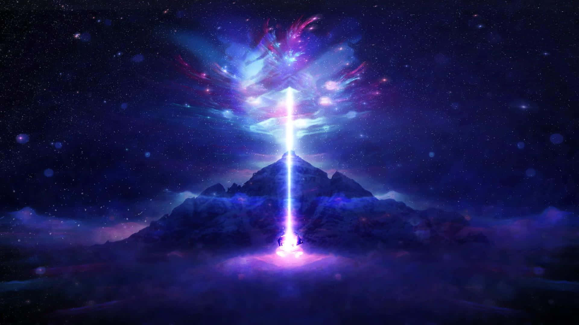 一道發光的光束從山峰升起，進入星空宇宙的天空。