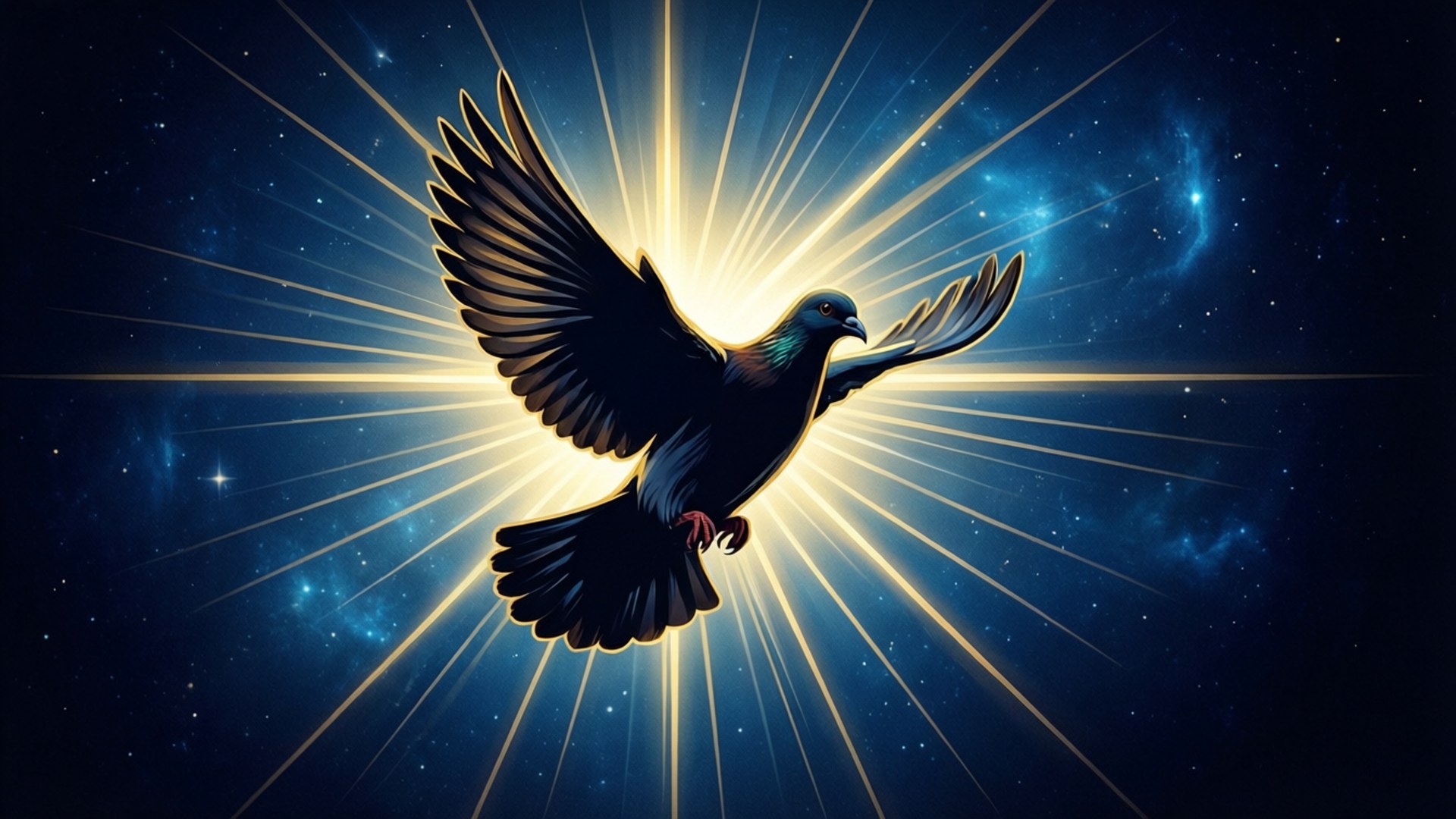 光之鴿降臨 壁紙 — 一隻雄偉的黑鳥在繁星點點的宇宙天空中翱翔，翅膀張開，映襯著燦爛的金色光芒。