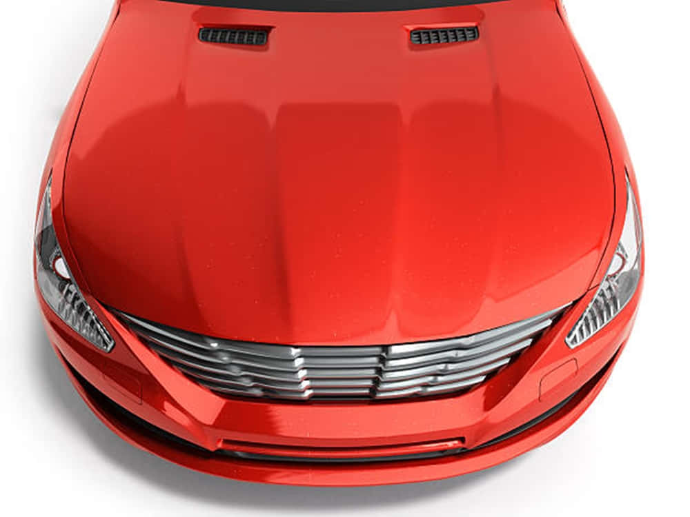Car Hood 桌布 壁紙 — 光亮的紅色跑車引擎蓋，配以鍍鉻格柵和時尚車頭燈，襯托在潔淨的白色背景上。
