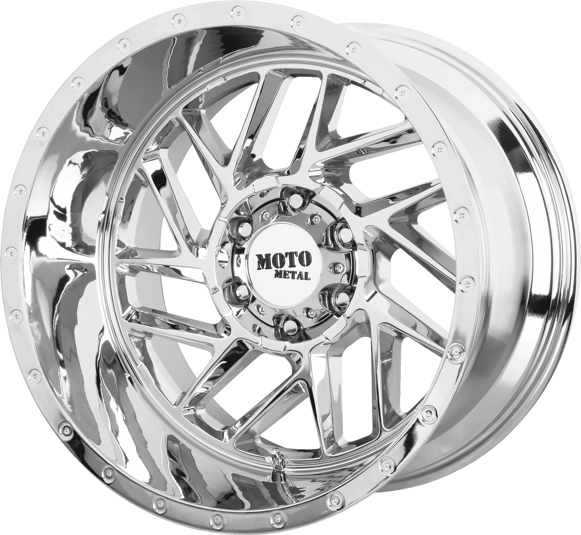 閃亮的鍍鉻汽車輪圈，帶有 Moto Metal 標誌和螺栓固定的輪輞。