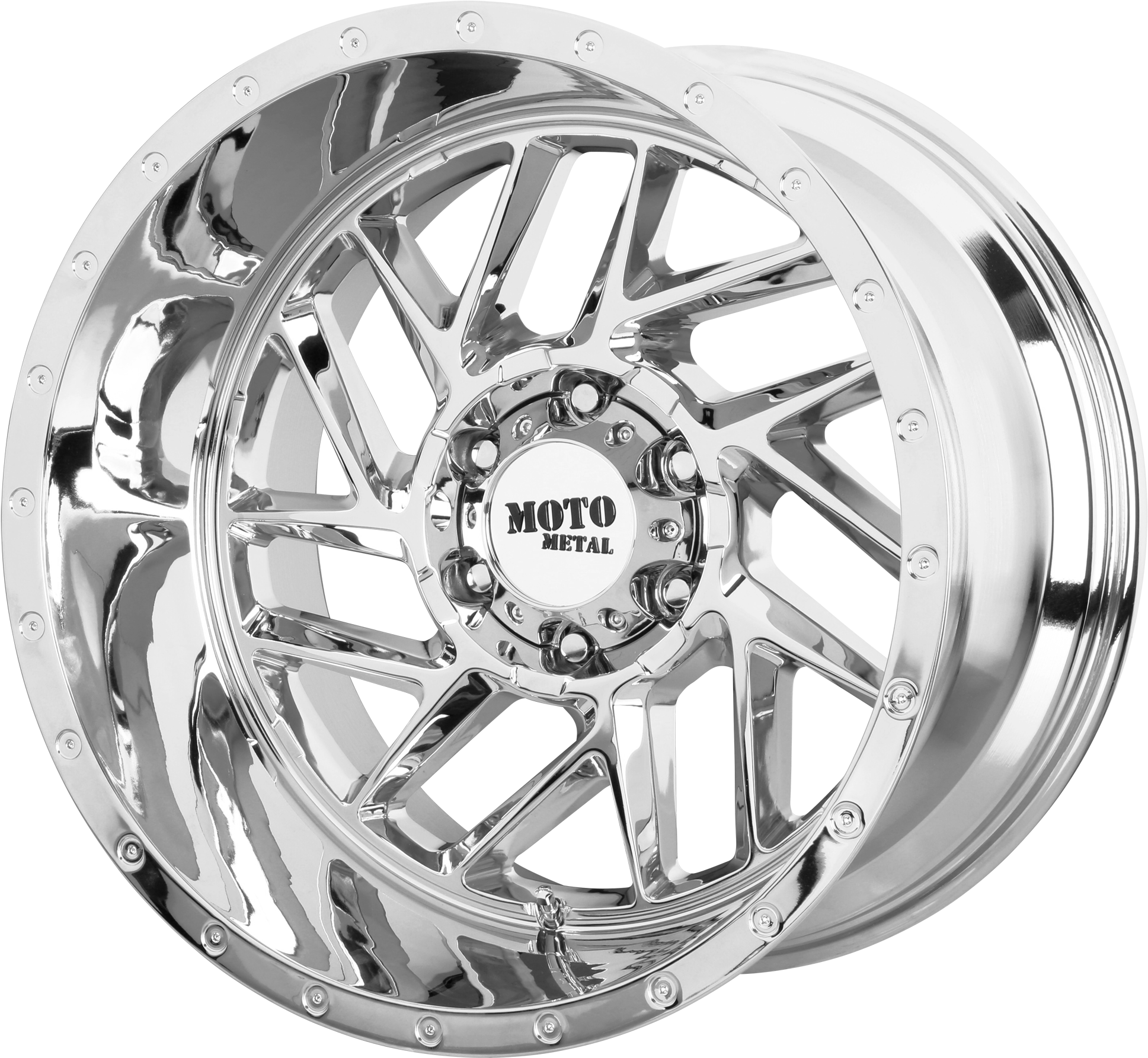 光亮鉻合金輪圈 壁紙 — 高度拋光的鍍鉻 Moto Metal 輪圈，帶有複雜的多輻條設計和螺栓裝飾，背景為黑色。