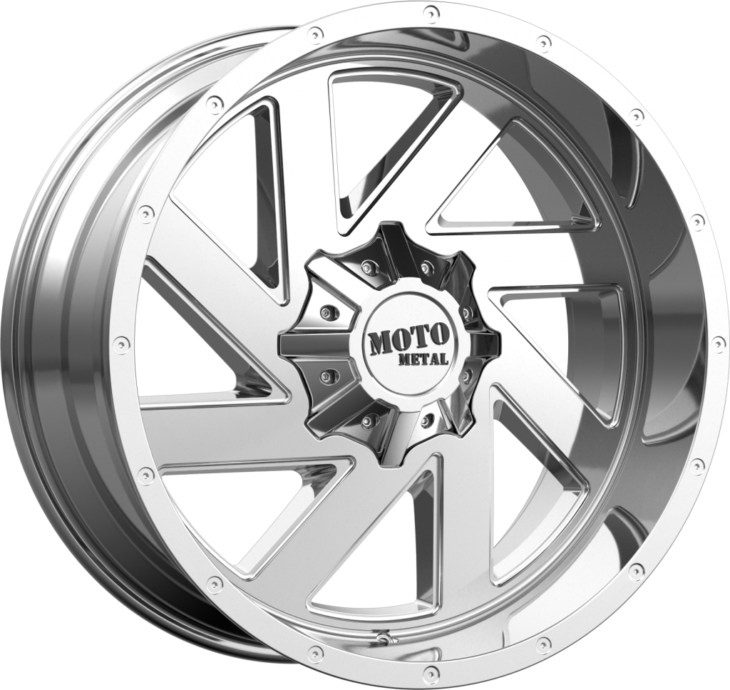 光亮鉻合金輪圈 壁紙 — 高度拋光的鍍鉻Moto Metal輪圈，帶有鮮明的幾何輻條和螺栓固定的輪輞，背景為黑色。
