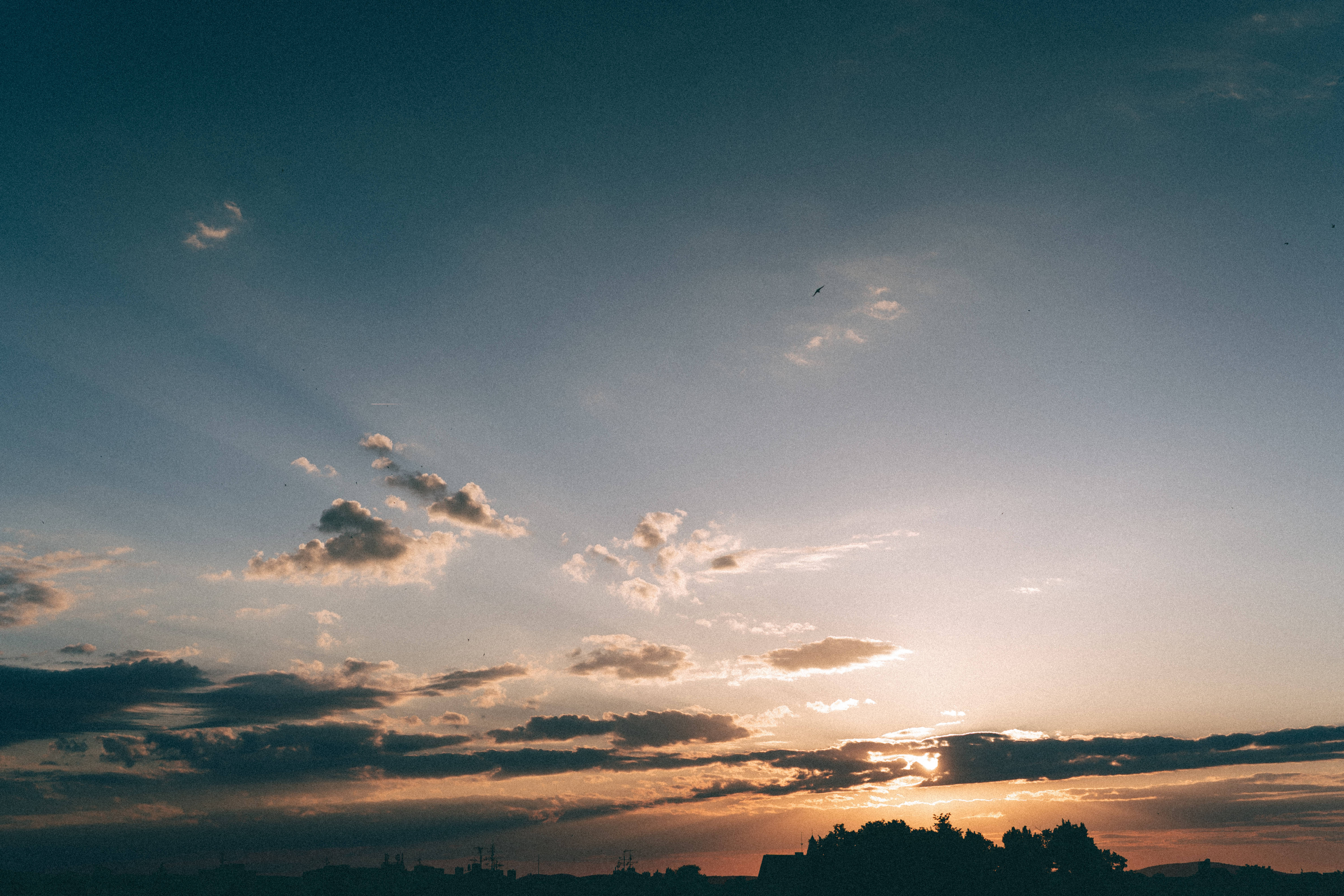 光影交織的天空美學壁紙 壁紙 — 夕陽的光線穿過散落的雲層，在深藍色天空的襯托下，將金色的光芒投射在樹木的剪影線上。