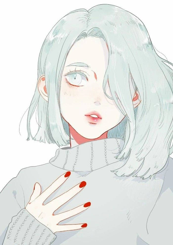 光影少女插畫 壁紙 — 一位平靜的動漫女孩，擁有淡藍色頭髮和紅色指甲，穿著舒適的灰色毛衣，輕輕觸碰胸口。