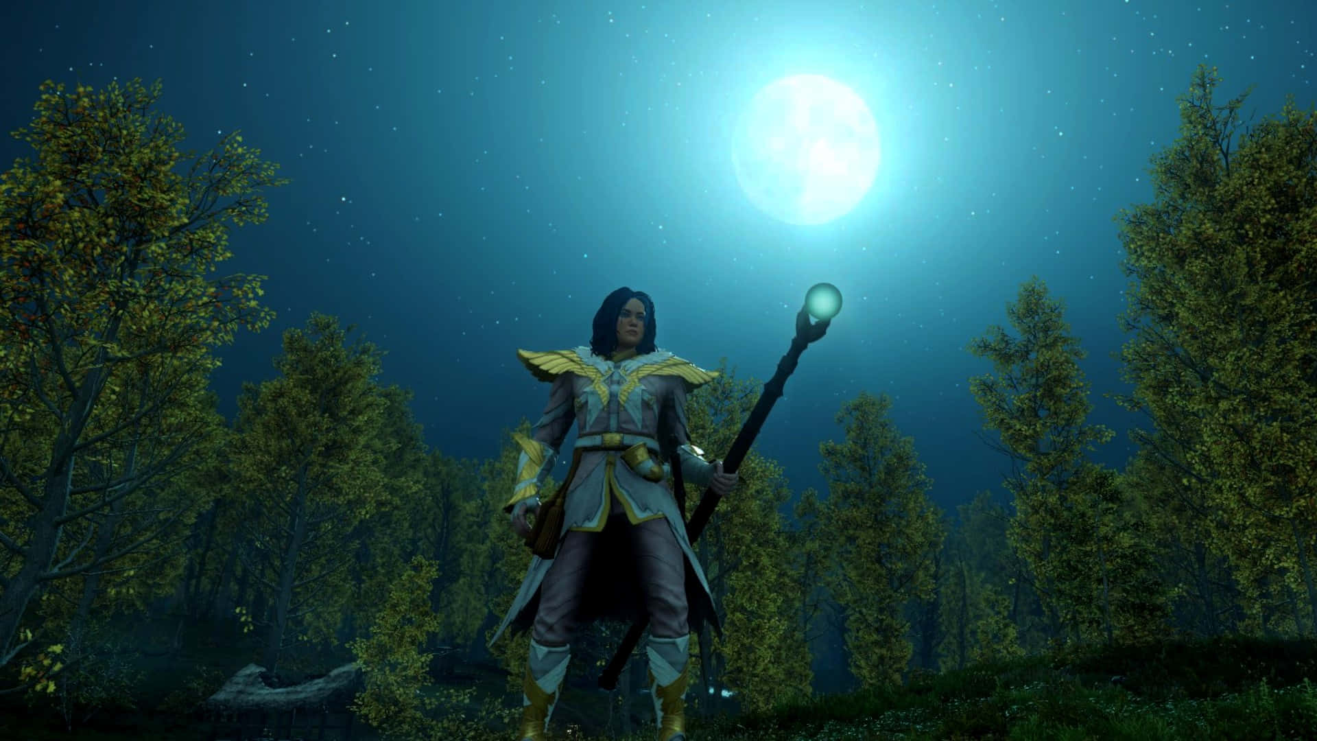 奇幻戰士在月光森林中手持發光法杖（夜晚）