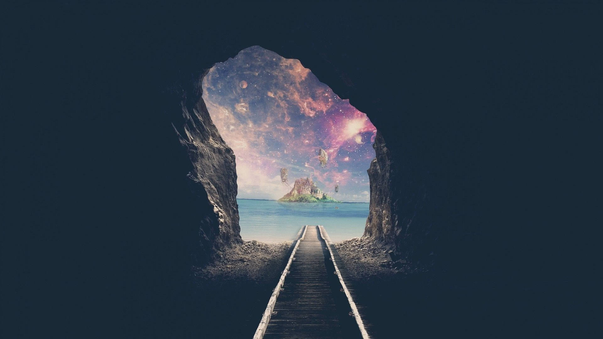 一條木製碼頭從黑暗的洞穴通向一個發光的宇宙海景，其中有漂浮的島嶼。