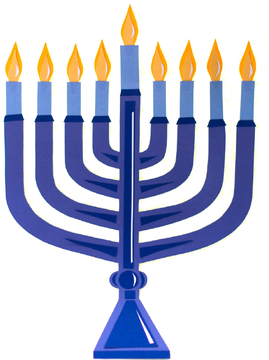 光明節九燈燭台插圖 壁紙 — 一個風格化的藍色 menorah，上面有九支點燃的黃色蠟燭，立在純黑色背景前。